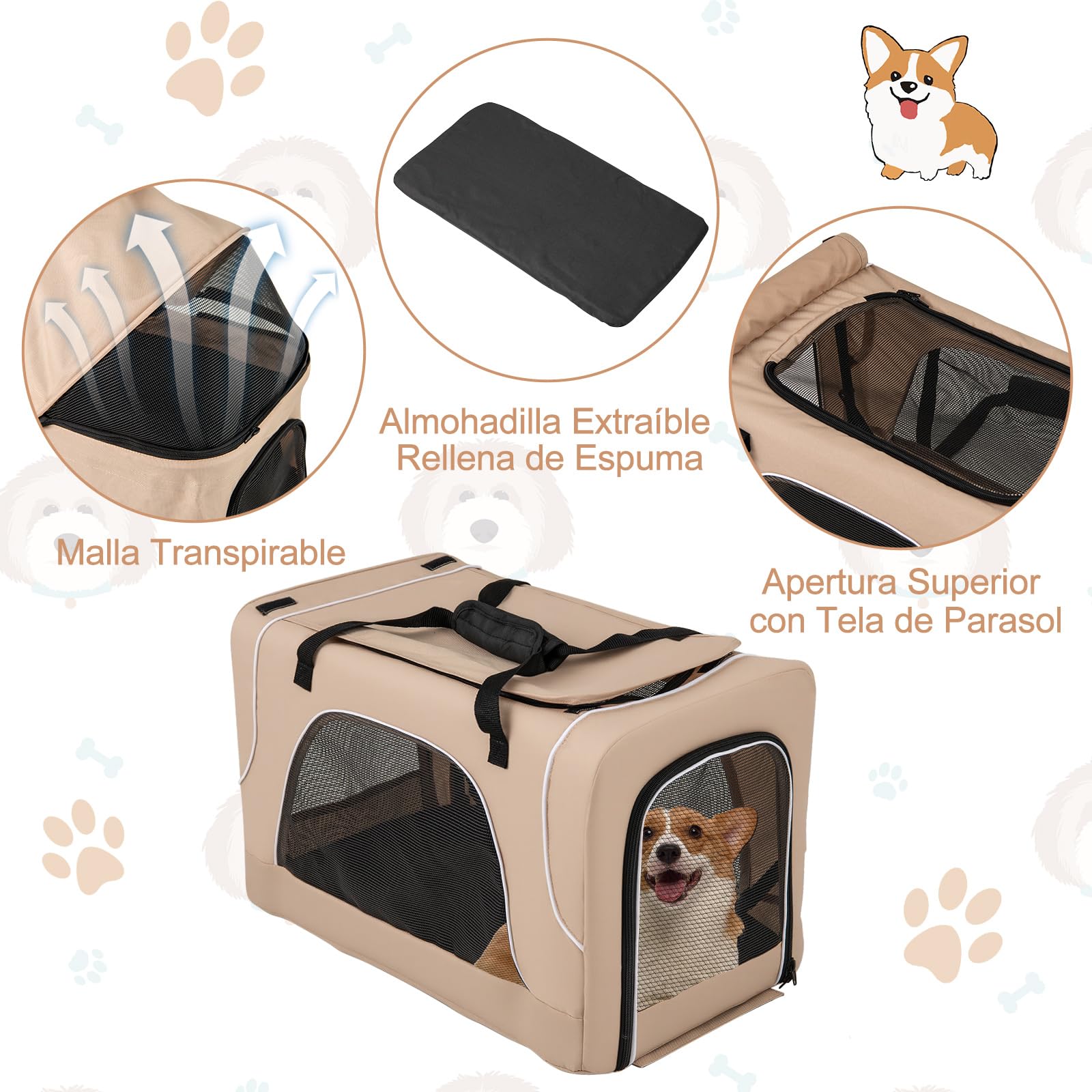 GOPLUS Carrito para Perros Plegable de 2 Niveles, Cochecito para Mascotas 3 en 1 con 2 Compartimentos Desmontables, Carro de Viaje para Gatos, Ruedas con Freno, Cojin Desmontable, 67×98×88cm (Beige)