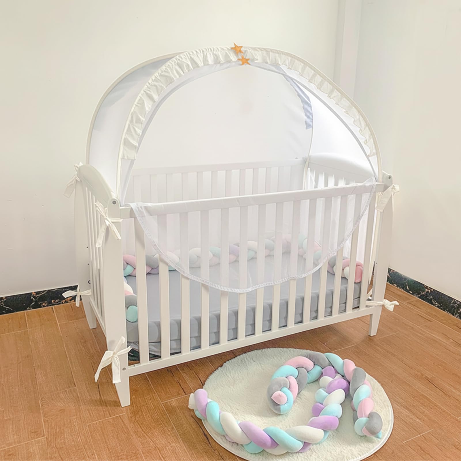 PandaEar Tenda pop-up per culla per evitare che il bambino si arrampichi, baldacchino traspirante per culla con cerniera, facile installazione (bianco)