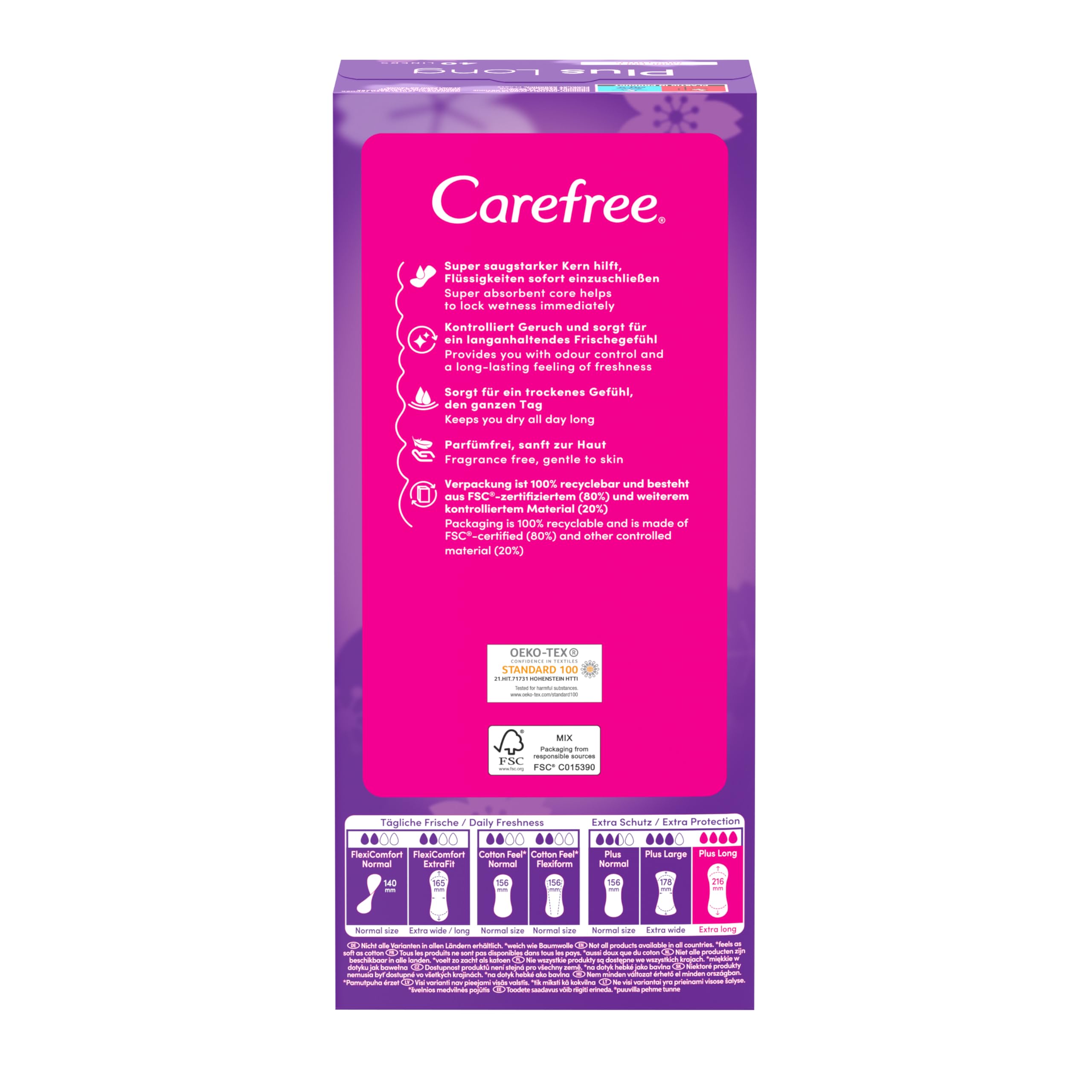 Carefree Plus Long Light Scent 40 szt. Wkładki higieniczne z wyjątkowo chłonnym wkładem, zapewniają długotrwałą ochronę przed wilgocią i nieprzyjemnym zapachem. Łagodne dla skóry.