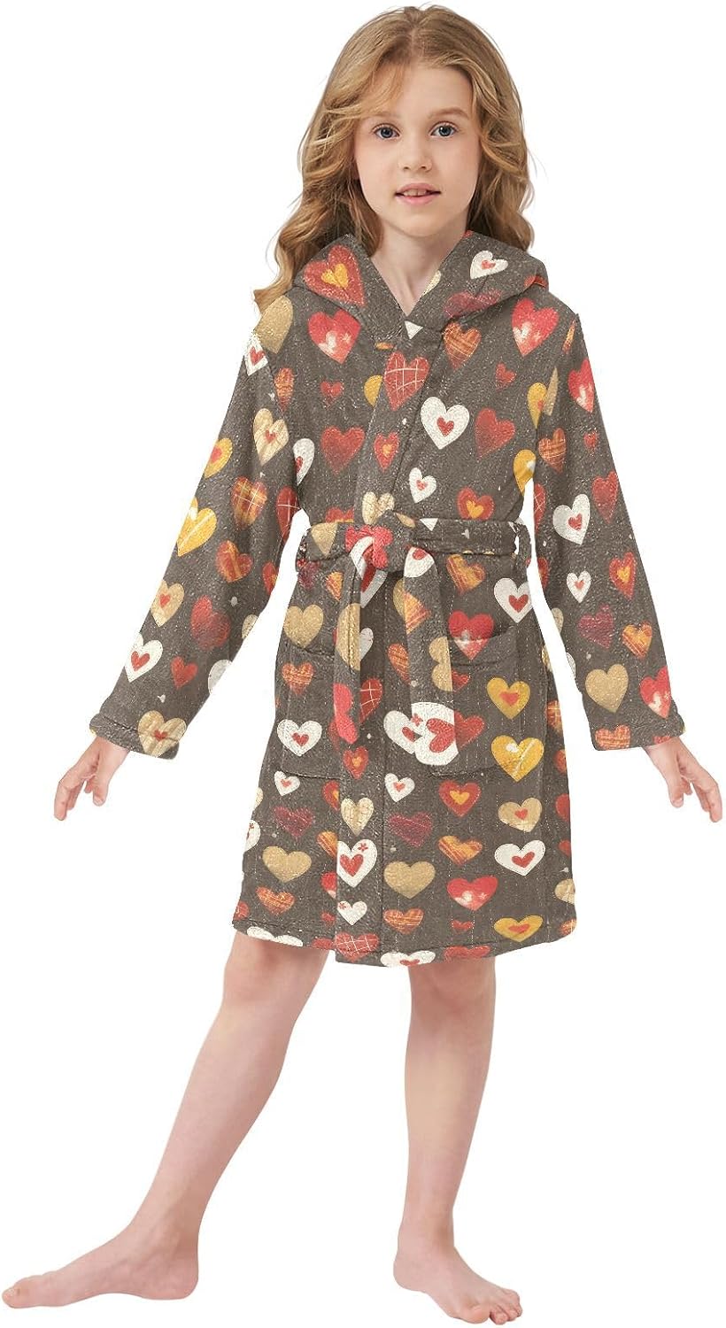 senya Hearts Abstract Color Toddler Hooded Bathrobe Kids Soft Plush Bath Towel Robes for Boys Girls 2-12 Years