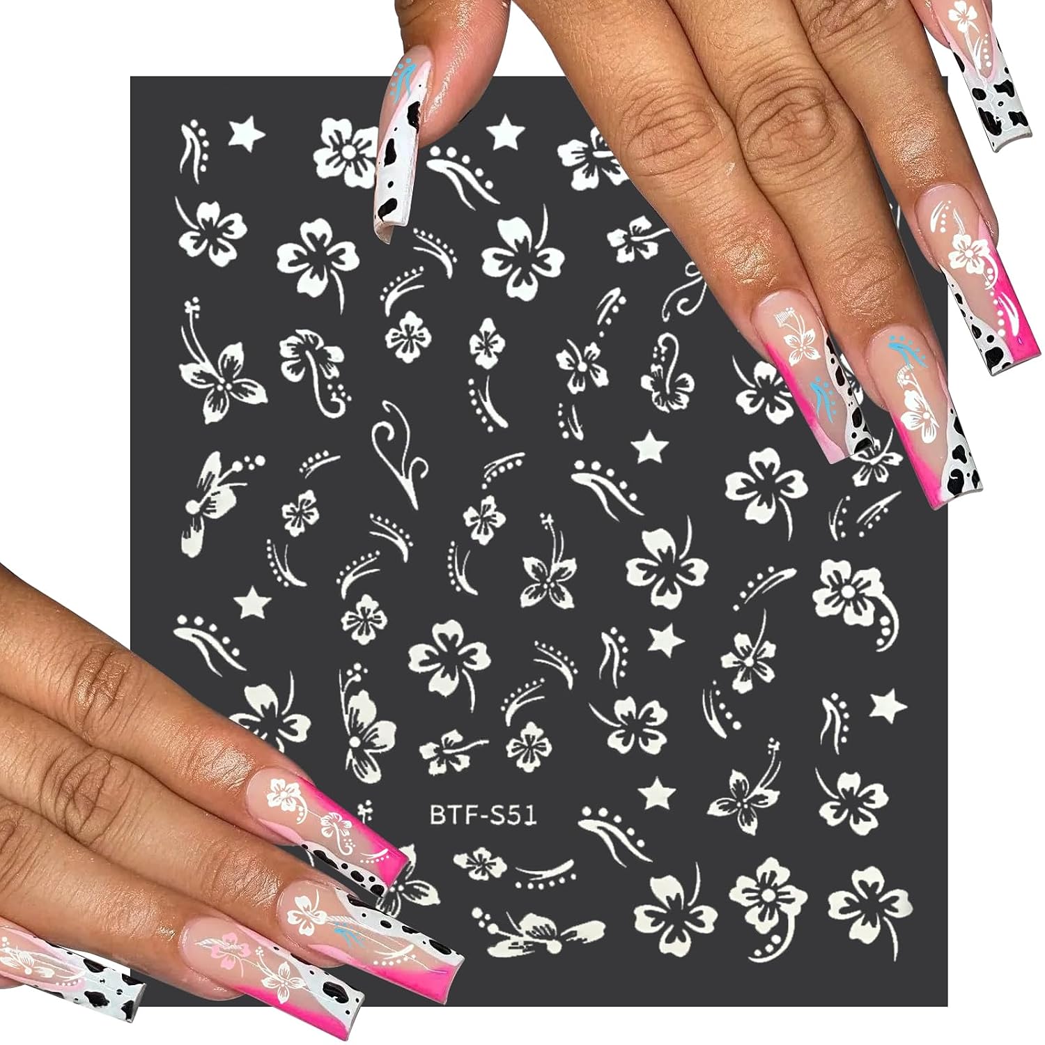 MUIIGOOD Flower Nail Stickers 10 Sheets Hibiscus Nail Decals White Pink Golden Clear Silver Decals Nail Art Decorations Nail Decals Nail Art Supplies Nail Designs for Women Manicure Tips