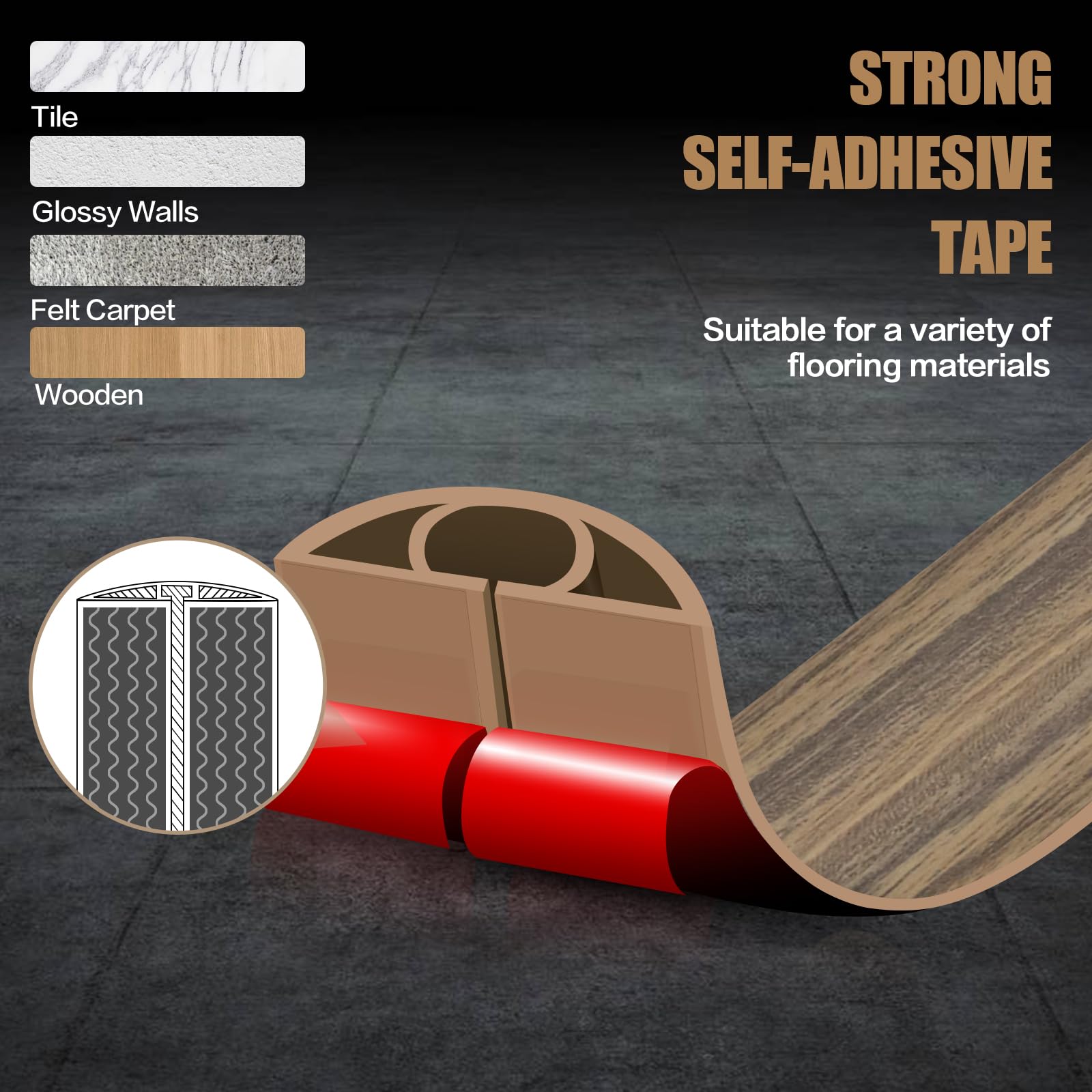 Cubierta de cable de suelo, 0.3 x 0.27 pulgadas, autoadhesiva, para suelo, 3 m, para gestión de cables de suelo, protector de cables eléctricos para oficinas, gimnasio, exposiciones, madera, marrón