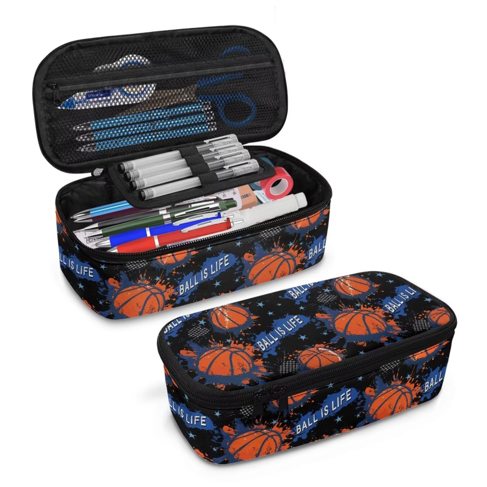Kids Pencil Case Basketball Print Pencil Pouch for Boys 6-8 Years Lightweight Large Capacity Pen Bags with Mesh Pocket for School