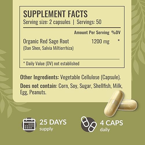 Miniatura 3 de HERBAMAMA Cápsulas de suplemento de salvia roja, 1200 mg de raíz de salvia roja (Dan Shen) para apoyo antioxidante, suplemento vegano, sin OMG