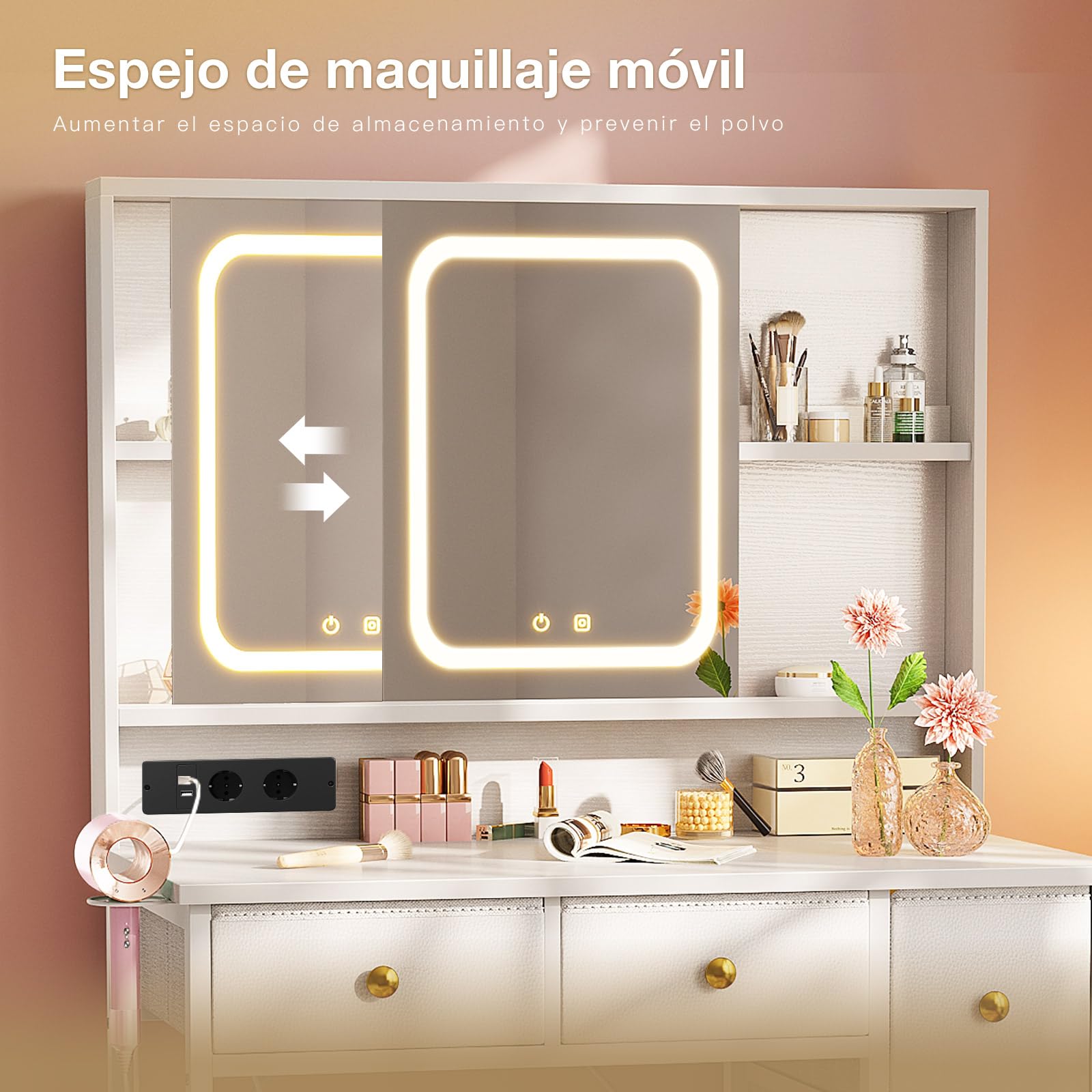 ODK Tocador con Espejo LED Ajustable, Enchufes USB Integrados y Tira de Luz RGB – Mesa de Tocador con 5 Cajones de Tela y Estantes de 3 Niveles – Tocador Blanco 90×40×139 cm