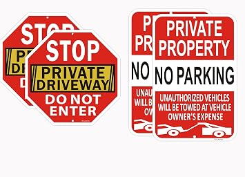 2 Pack Private Property No Parking Signs, 18x12 Inches + 2Pack Stop Sign, Do Not Enter Private Driveway Sign, 12 x 12 Inches