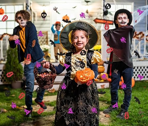 Vista 3 de Hying 200 decoraciones de confeti de Halloween para mesa, murciélagos de Halloween, calavera, lentejuelas, purpurina, negro, morado, confeti, árbol
