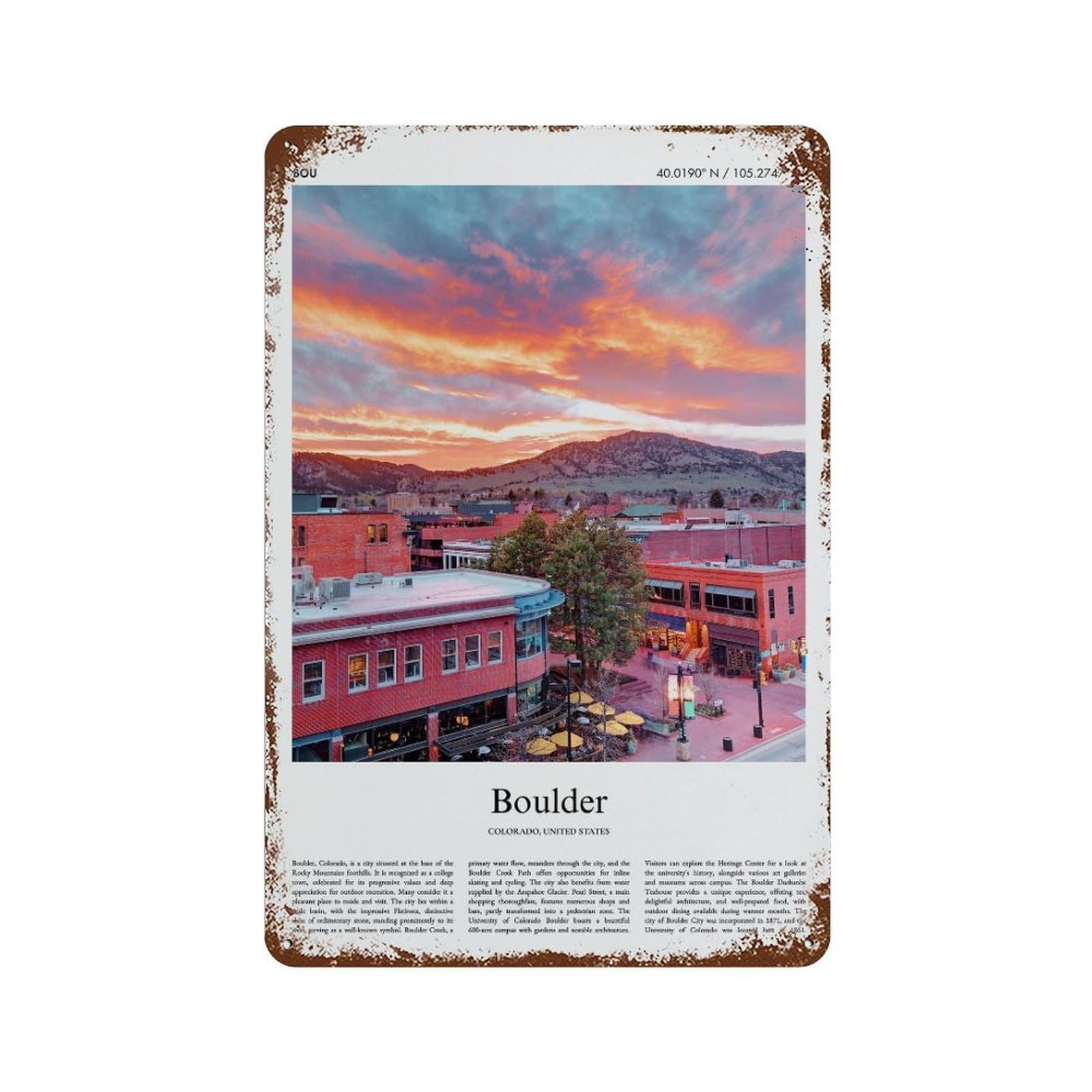 xiaoxiaoshen Boulder Boulder, Colorado City Scenery Wall Decor Art Metal Tin Poster Modern Home Decor Art Home Bar Shop Decorations Vintage Sign 30x20cm