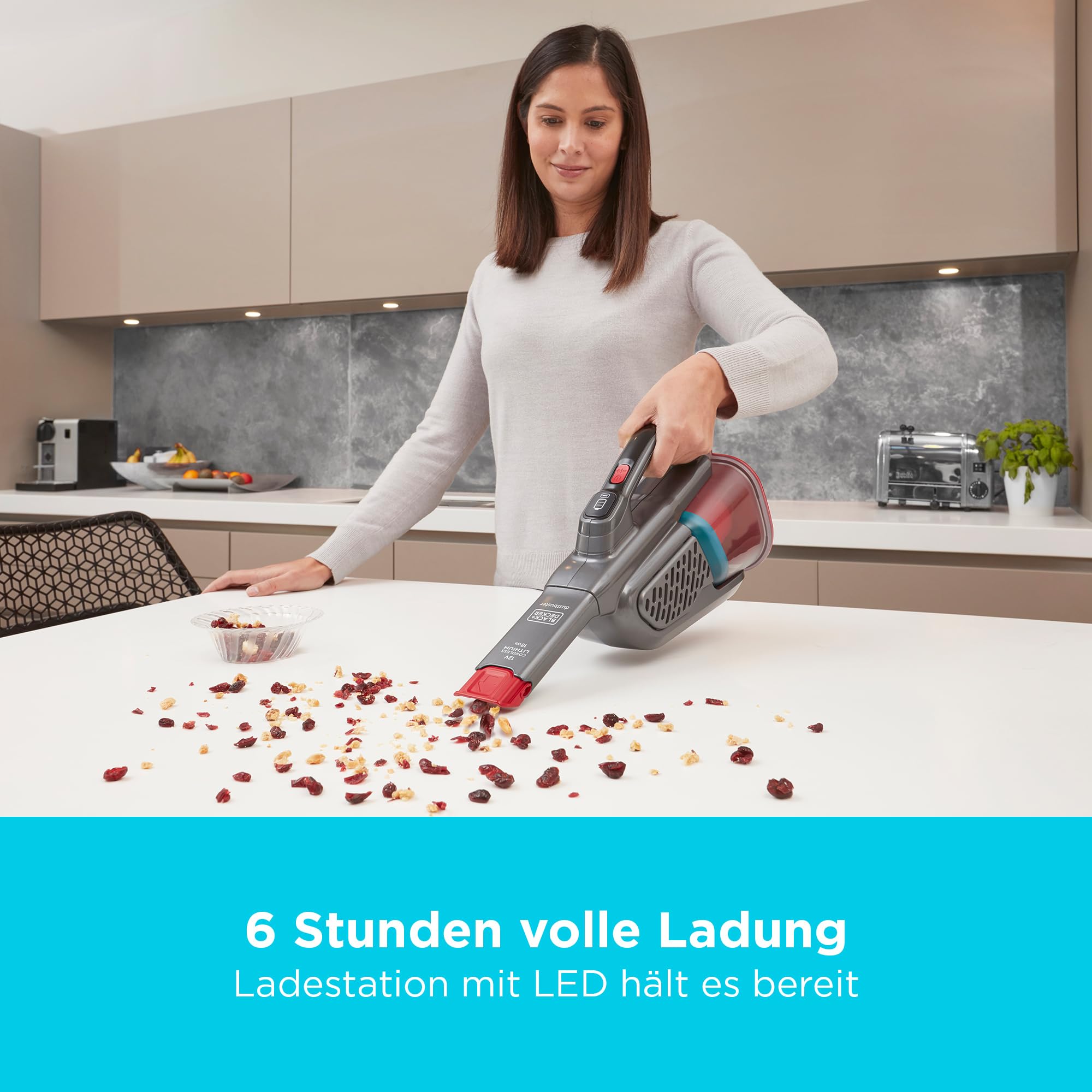 BLACK+DECKER Lithium Dustbuster BHHV315B-QW mit Cyclonic Action – 12V Akku Handstaubsauger mit ausziehbarer Fugendüse & Ladestation – Beutelloser, kabelloser Staubsauger – Lange Saugdüse