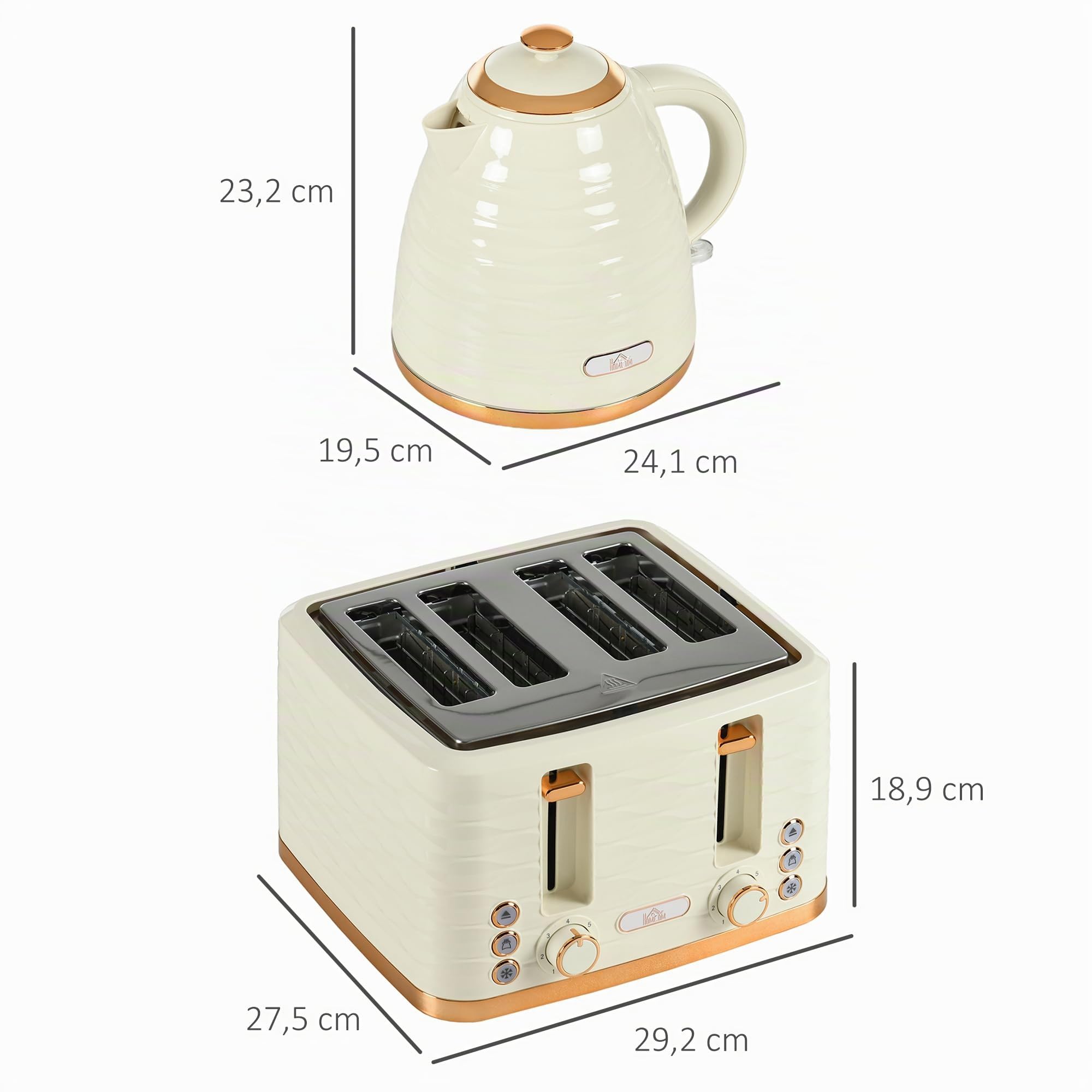 HOMCOM Juego de hervidor tostador Juego de desayuno con hervidor de 1,7 litros, tostador de 4 rebanadas, 2200 W, 7 niveles de tostado, descongelación, recalentamiento y bandeja recogemigas,