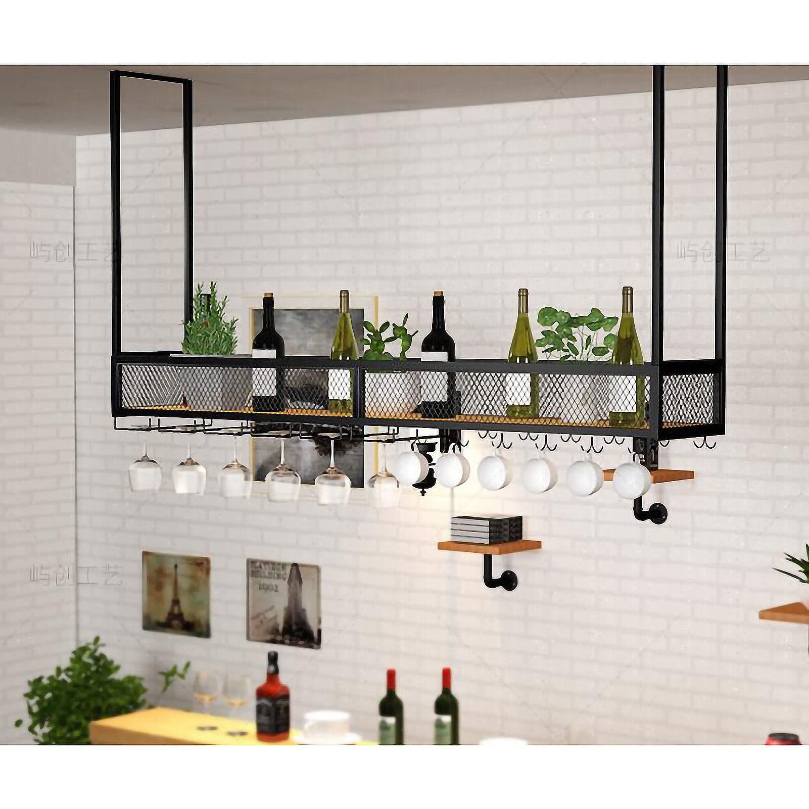 Étagère de plafond suspendue étagère à vin suspendue industrielle avec porte-verre noir