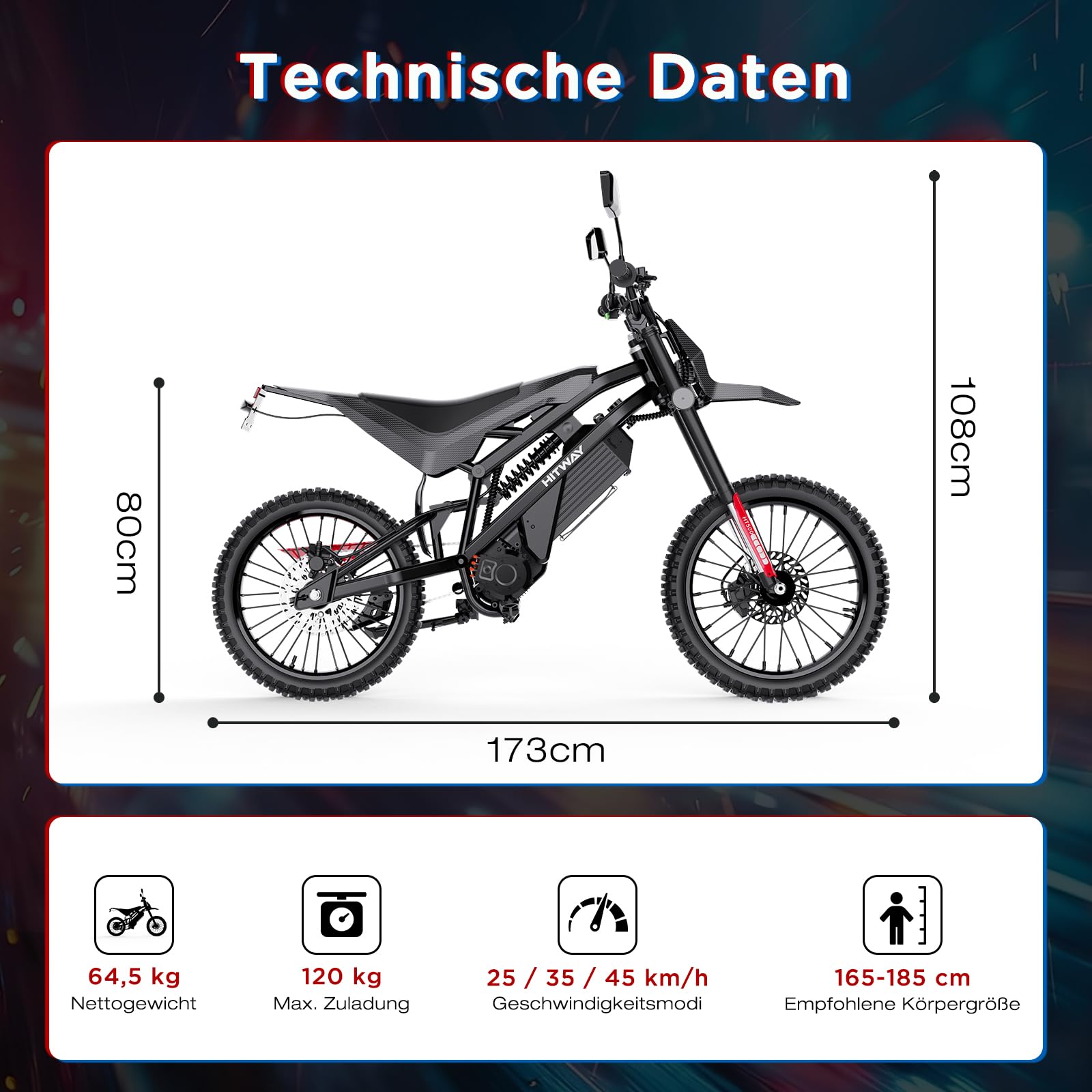 HITWAY HT500 Elektrisches Offroad-Motorrad, 4000W Spitzenleistung bürstenloser Motor, 60V 27Ah Lithium-Akku, bis zu 45 km/h, 45–60 km Reichweite, hydraulische Scheibenbremsen, EEC-zugelassen mit COC