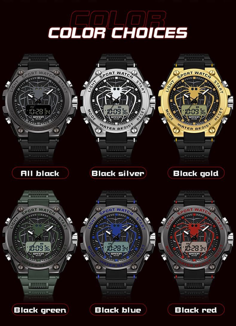 MASTOP Men's Spider Design Watch Outdoor Sports Waterproof Alarm Calendar Multi-Function Luminous Stopwatch with Digital and Analog Dual Display Watches for Men
