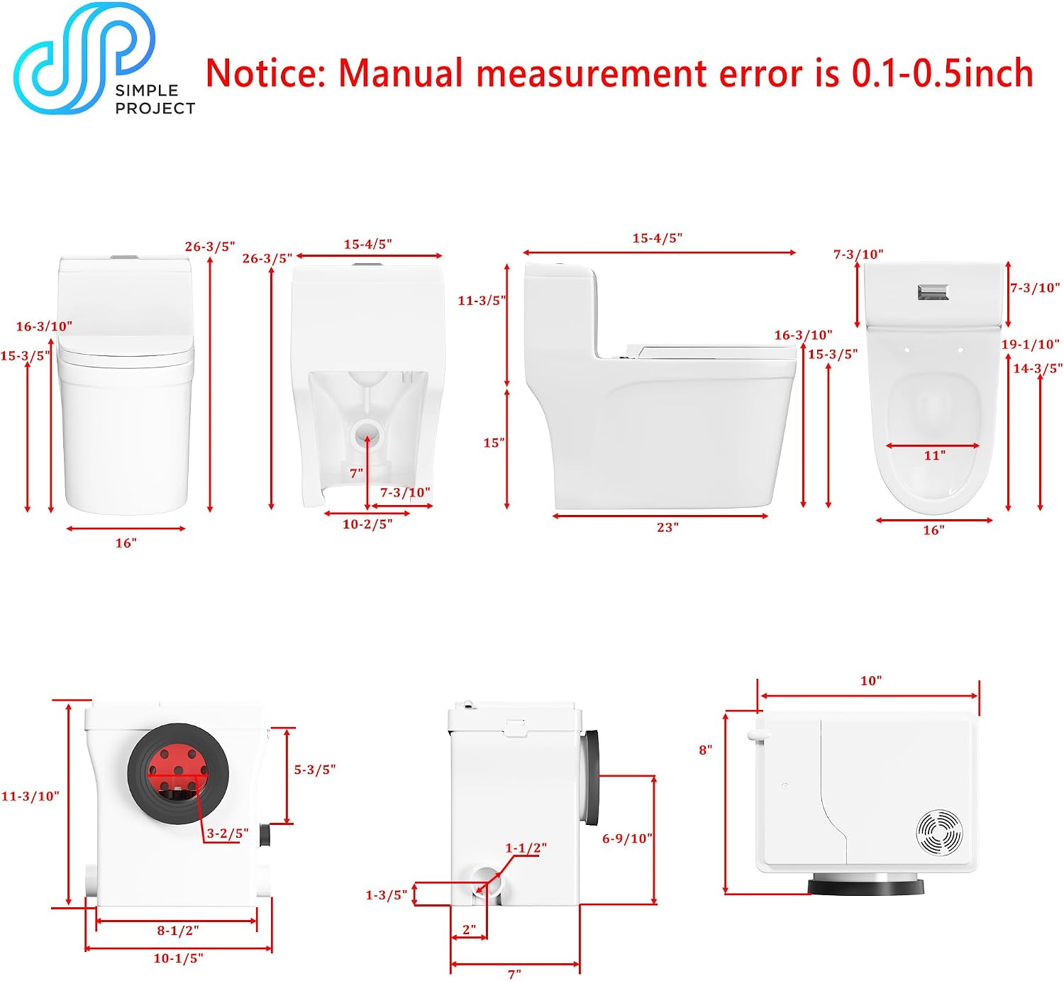 600w Macerating Toilet System, One-Piece 16" Upflush Toilet Toilet with Pump for Basement, Powerful & Quiet Upflush Toilets with 3 Water Inlet & Ac Vent, Easy Install, Space Saving