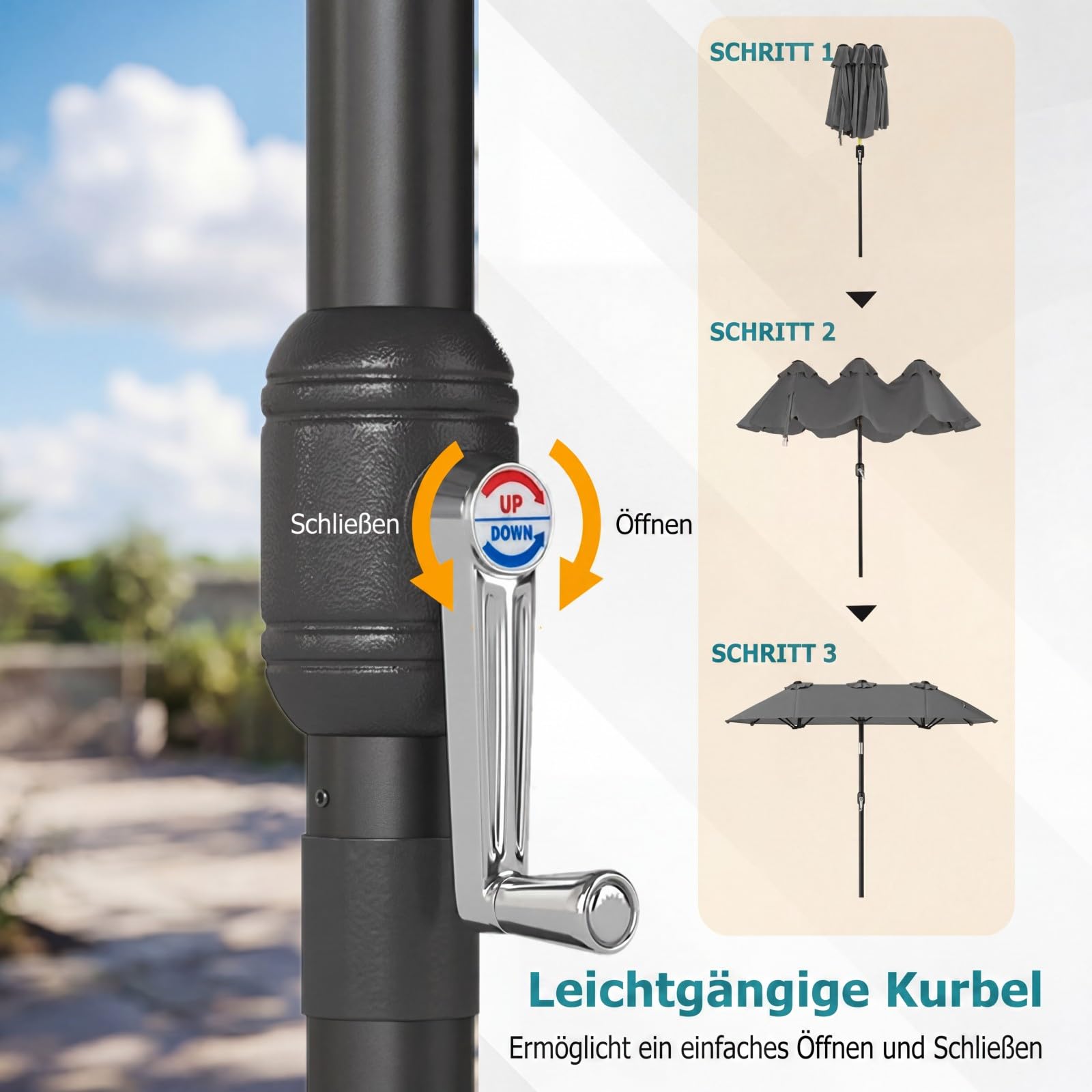 COSTWAY Doppelsonnenschirm knickbar 300x150cm, Doppel Sonnenschirm, Gartenschirm mit Kurbel, Terrassenschirm, Marktschirm für Garten, Terrasse, Balkon (Grau)