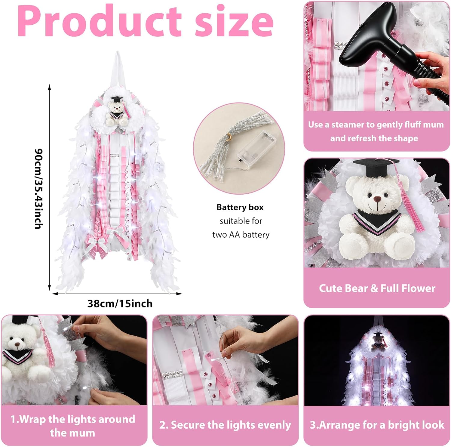 Thenshop 47 Inch LED Homecoming Mum with Graduation Bear, Pink and White image 2