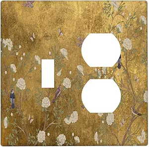 Decorative Outlet Covers Vintage White Flowers Birds on Golden Background 2 Gang Outlet Cover Wall Plate Single Toggle Duplex Light Switch Cover Plate Switch Plate Covers