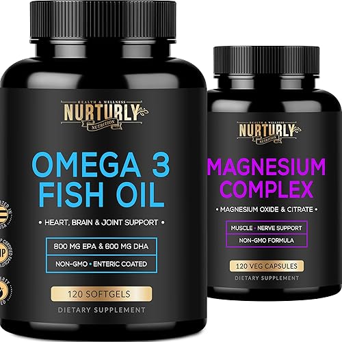 Complejo de magnesio y aceite de pescado Omega 3 - Citrato de magnesio 500 mg - Aceite de pescado 2000 mg, 800 mg EPA y 600 mg DHA - Relajación