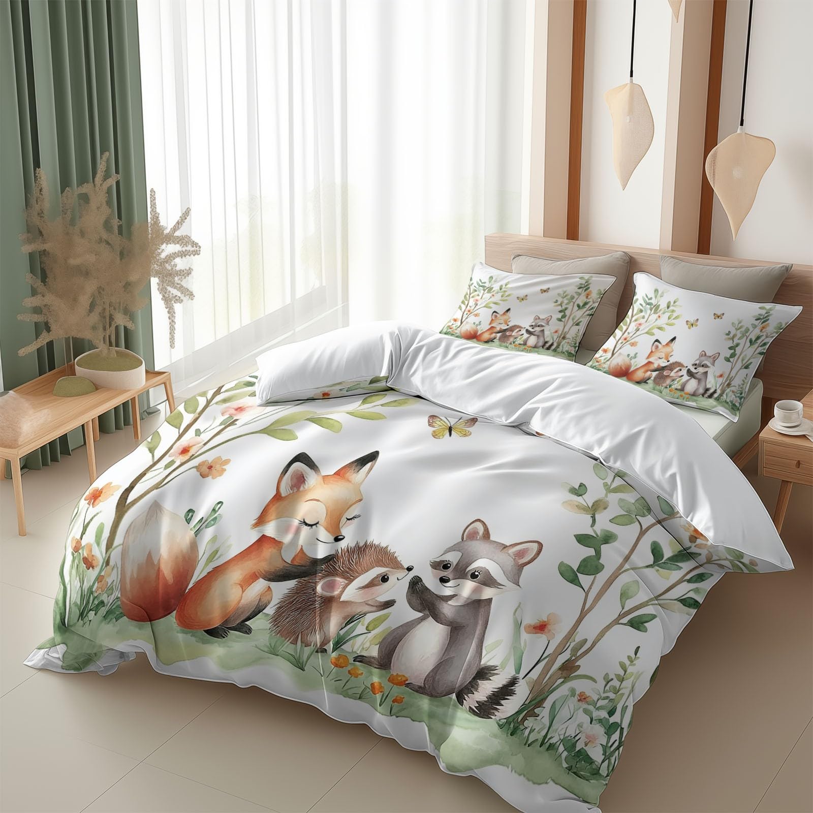 Parure de lit 240x220 cm animaux de la forêt en microfibre blanche