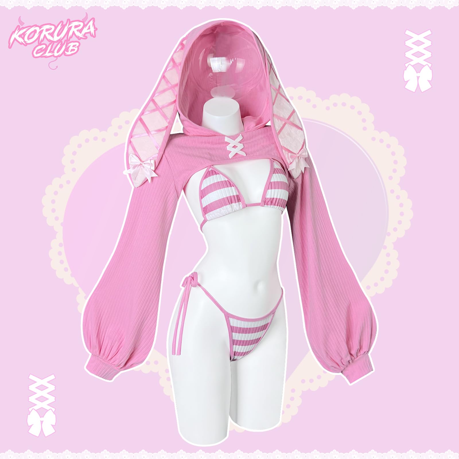 KORURACLUB Cosplay Sexy maid outfit Bunny Outfit cosplay women Animal Costumes Bunny Bodysuit: Pink Stripes Large-X-Large