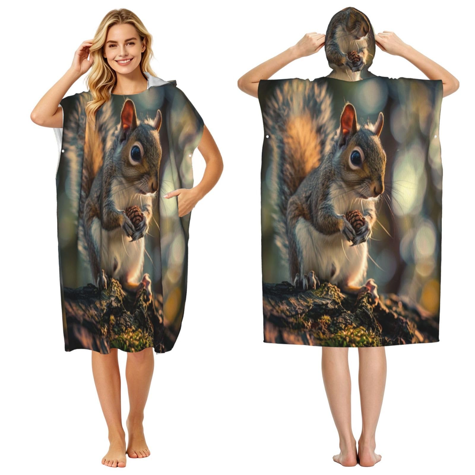 KLGRTJHK Squirrels In The Forest Adult Hooded Beach Poncho Towel 43"X35"