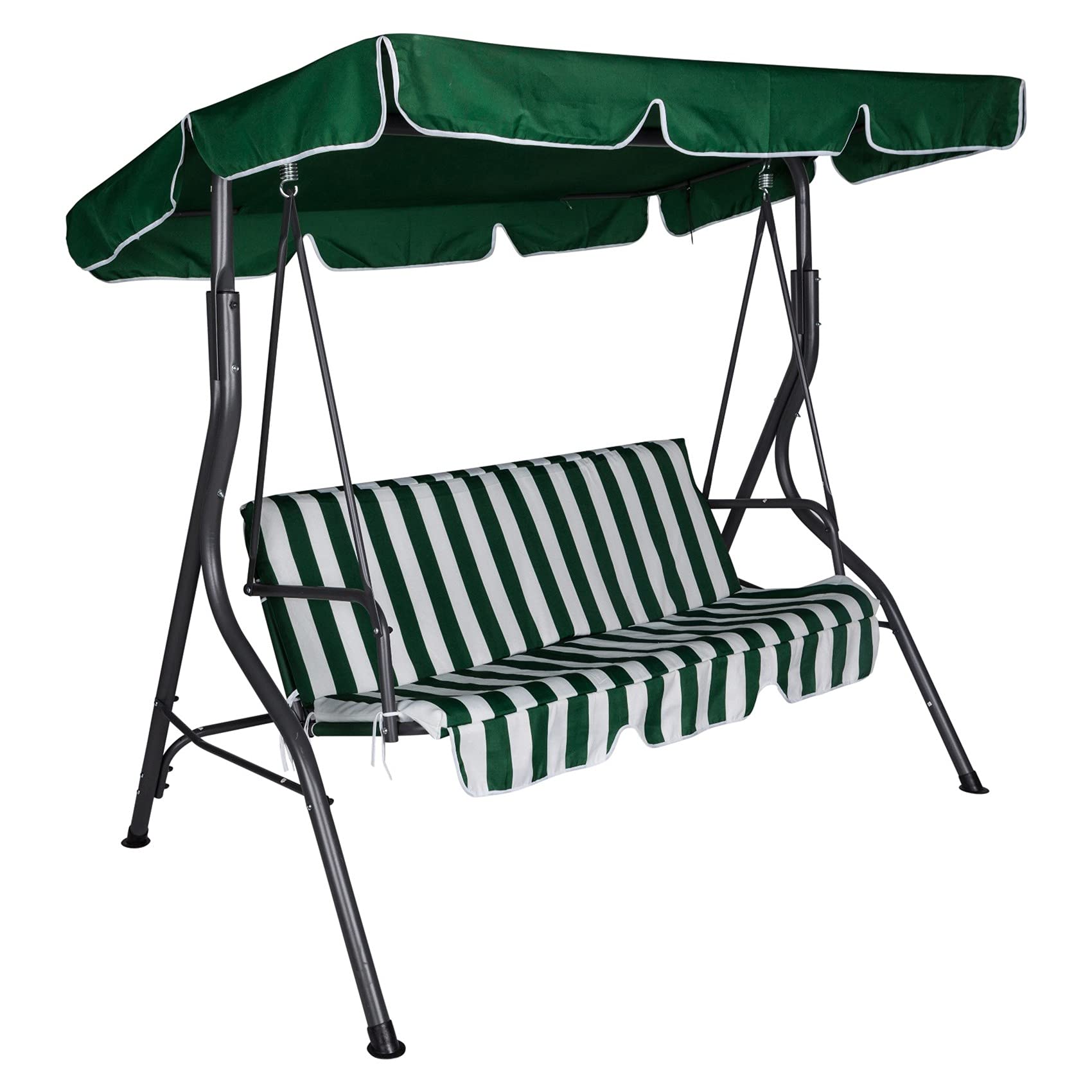 Dmora Dondolo da Giardino 3 posti con tettuccio e Cuscino, Colore Verde e Bianco, cm 180 x 110 x h165