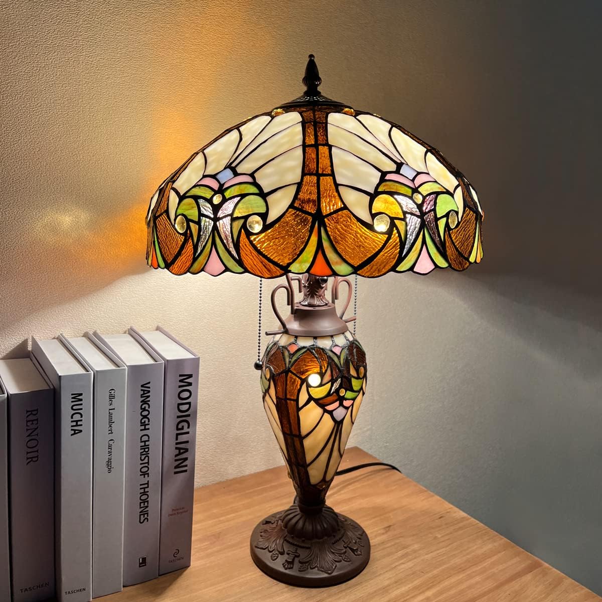 Tiffany Table Lamp Night Light 16" Wide Handmade Stained Glass Lamp Shade 3 Light Amber Cream Victorian Style Vintage Table Lamp for Home and Office