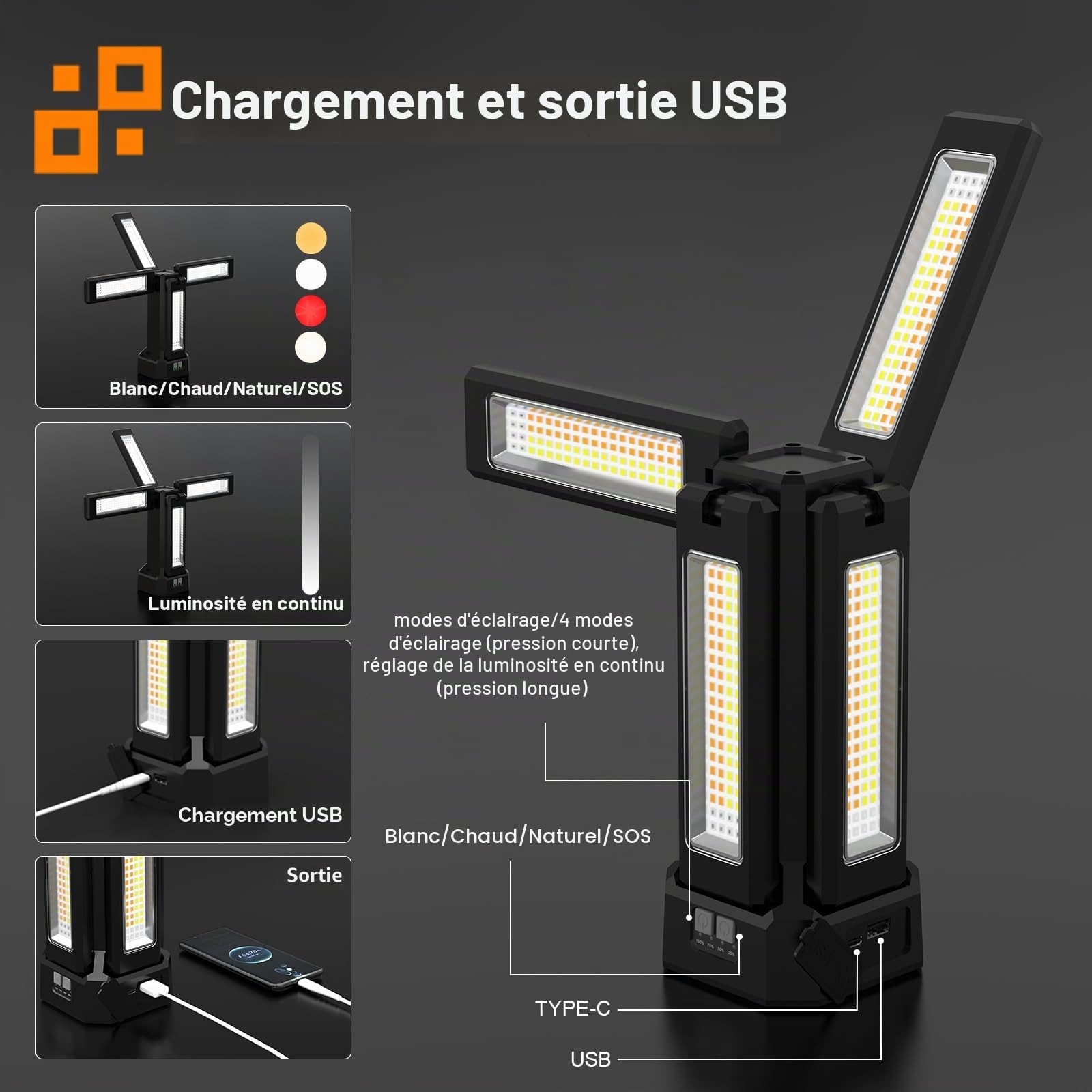 Projecteur LED Chantier Solaire Rechargeable 13200 mAh avec Trépied et Sac de Transport, Lampe de Chantier à Intensité Variable en Continu 8000 Lumens, Blanc/Chaud/Naturel (SOS) (avec télécommande)