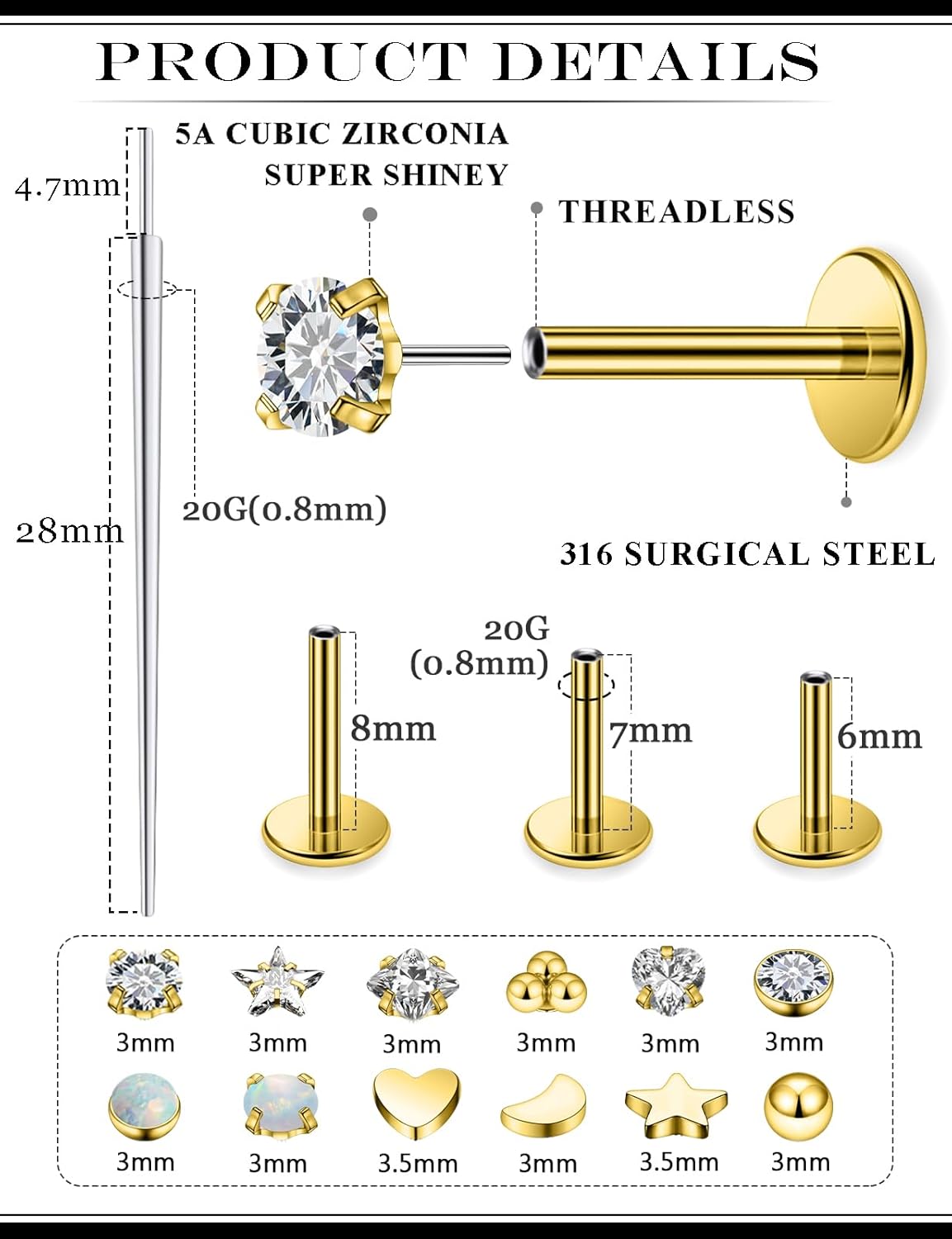 20G 18G 16G Threadless Flat Back Earrings Nose Studs 316L Surgical Steel Tragus Forward Helix Conch Cartilage Lobe Earrings Stud Medusa Labret Monroe Lip Ring Piercing Jewelry For Women Men - Image 2