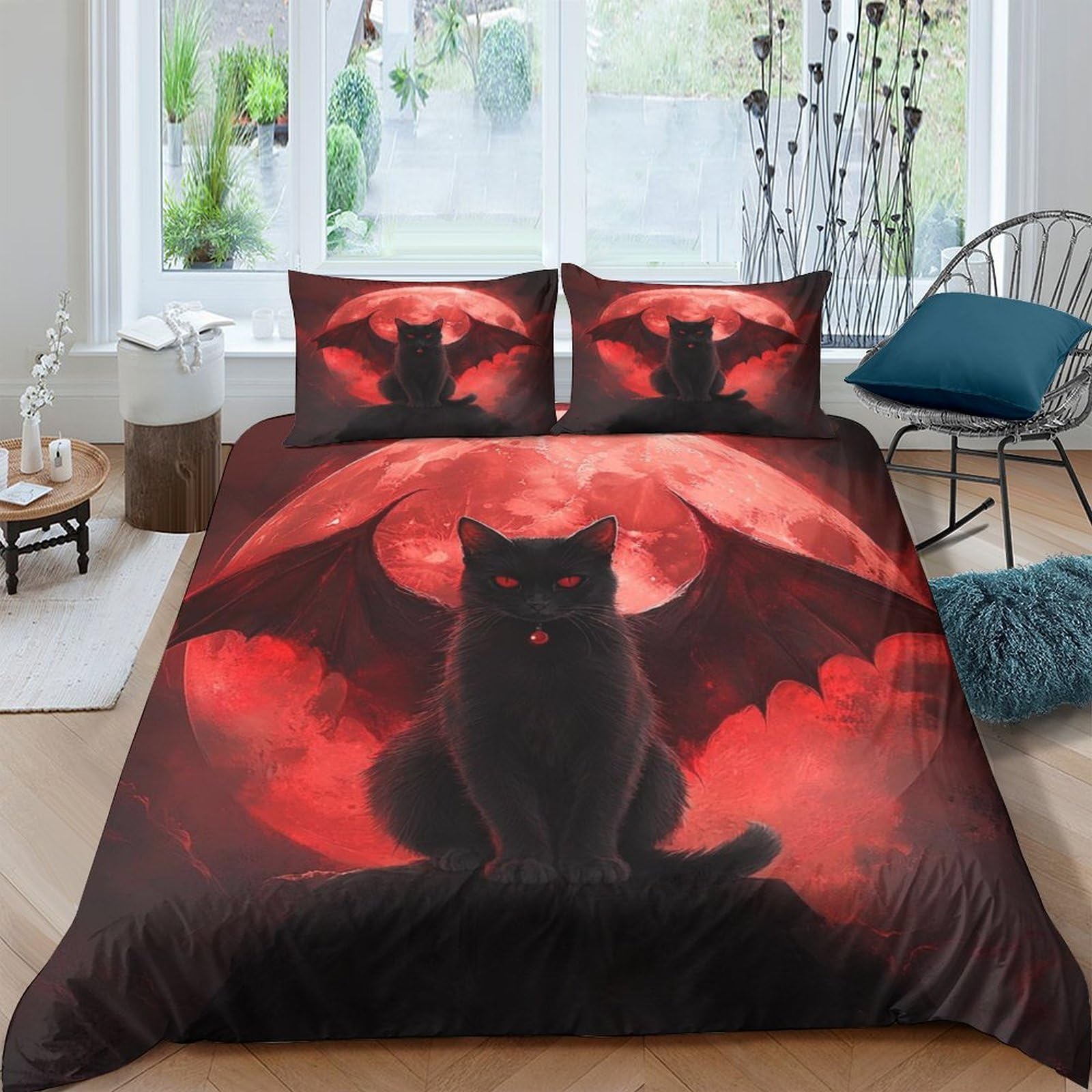 Ctjqhvkz Style-2 3D Printed Black Cat Moon Fitted Sheet Microfiber Red Bat Bed Cover For Bedroom Dorm Decorative Mattress Protection Single（135X200cm）