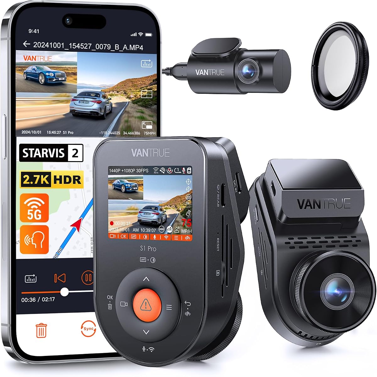 【Paquete: Vantrue S1 PRO Dual Dash Cam + Vantrue CPL Filter】 Cámara de tablero Wi-Fi 5G delantera y trasera de 2.7K, cámara de tablero oculta dual 1944P para automóviles, súper visión nocturna, detección de movimiento
