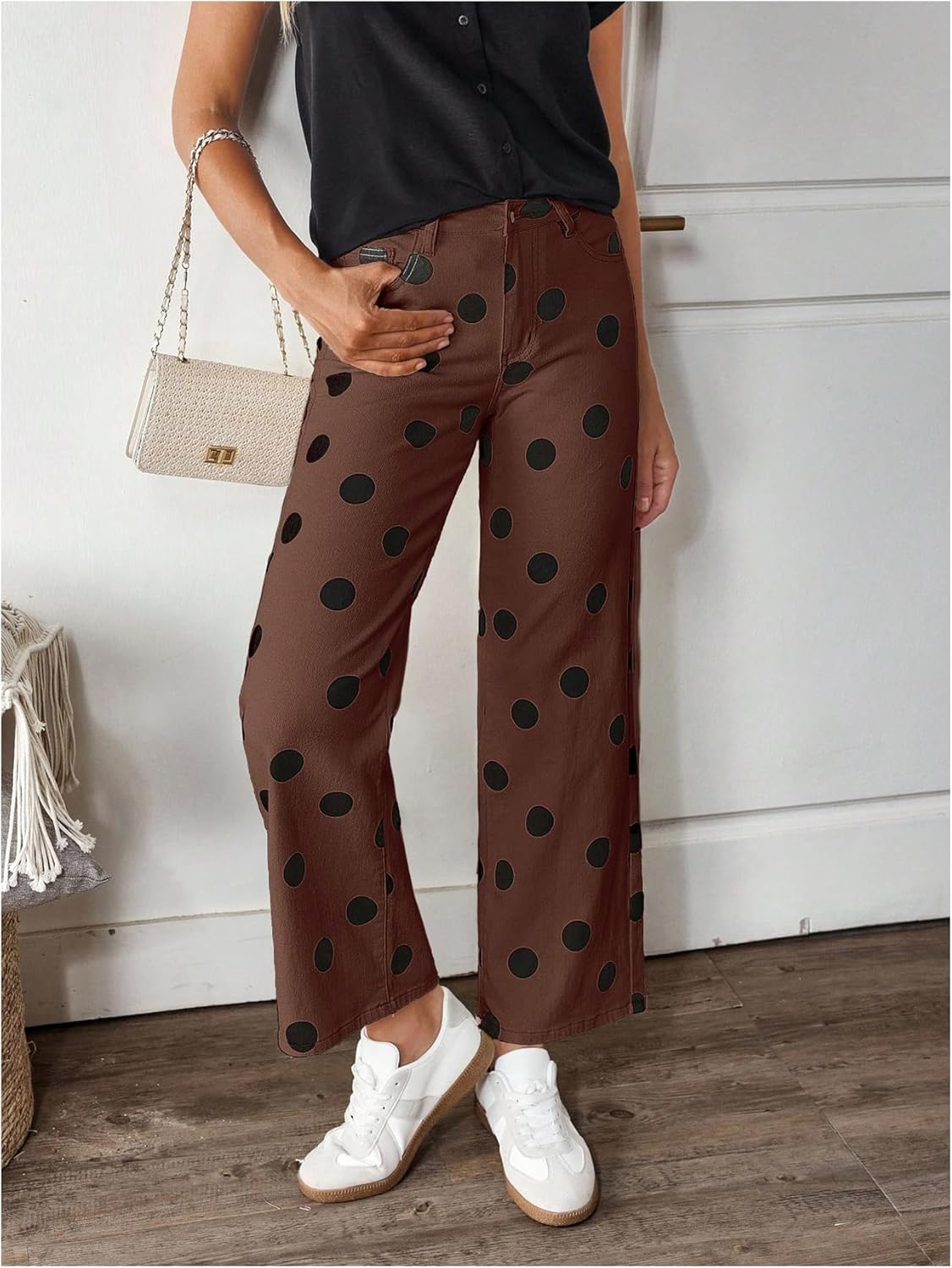 WDIRARA Women's Polka Dots Jeans Vintage Stretchy Straight Leg Denim Pants