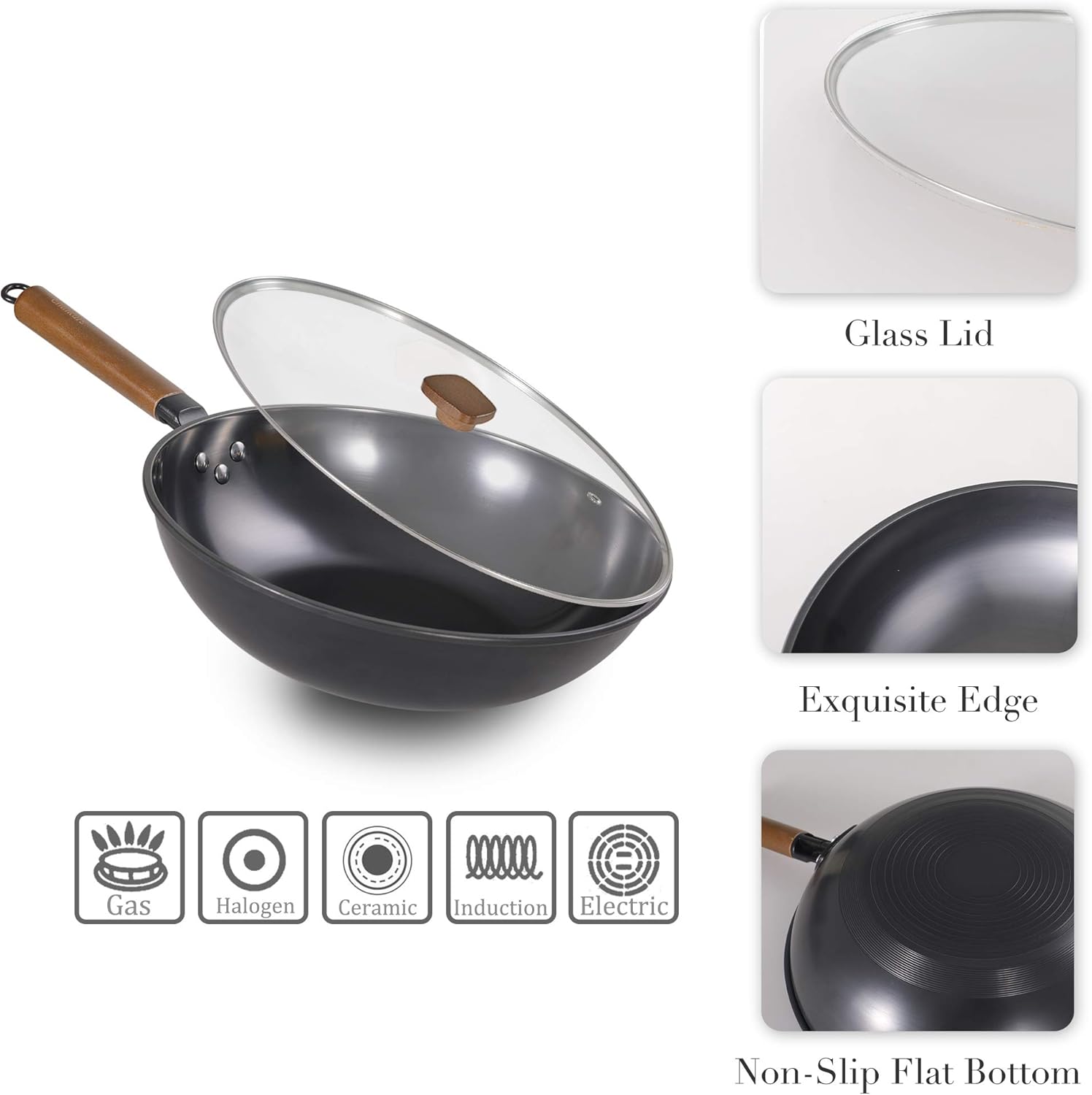 Chulkurs 12.5" Flat Bottom Wok Pan, No Chemical Woks and Stir Fry Pans with Lid, Wok Brush & Spatula, Carbon Steel Wok with Detachable Wooden Handle for all Stoves: Home & Kitchen