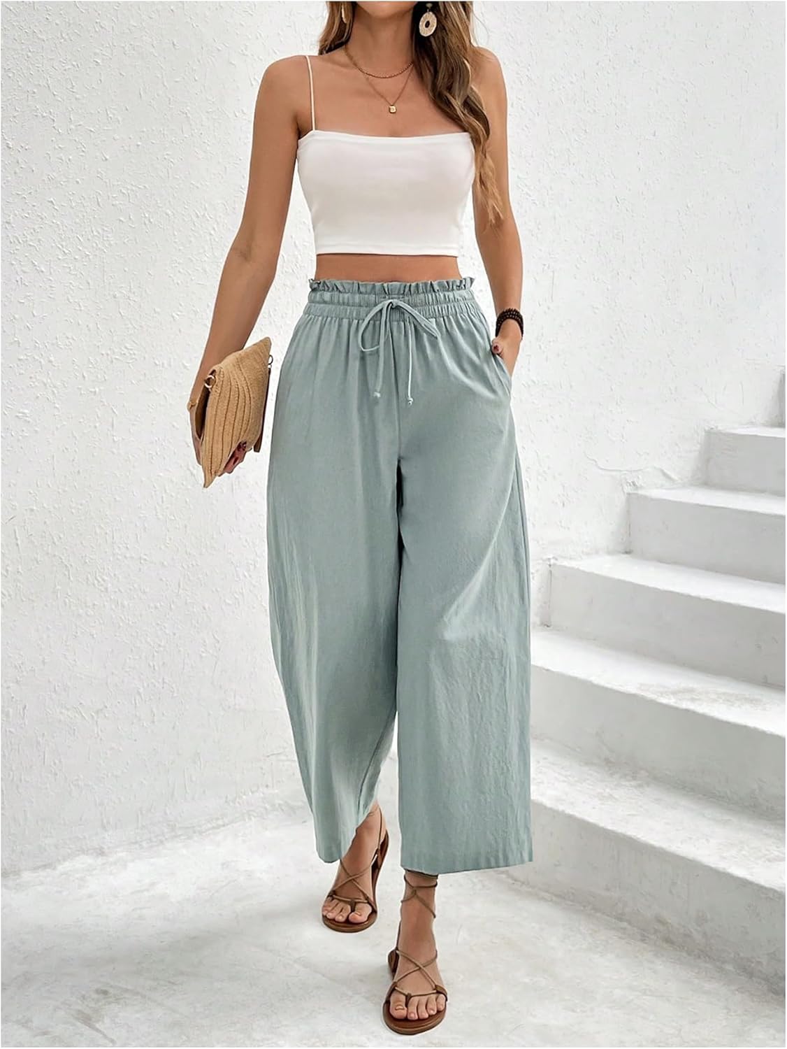 WDIRARA Women's Ruffle Trim Cropped Pants Drawstring High Waist Vacation Trousers with Pockets - Image 5