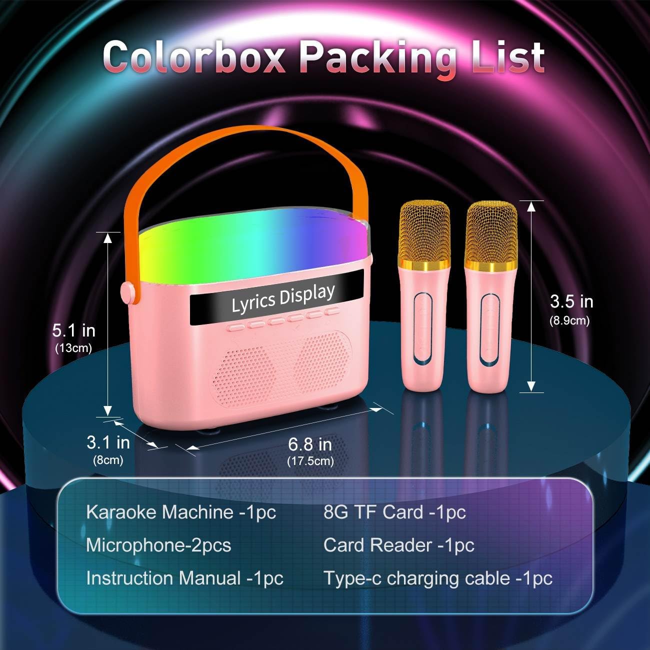 Karaoke Machine, Karaoke Machine for Kids Adults with Lyrics Display, Portable Bluetooth Dual Speaker with 2 Wireless Microphones, 7 Modes Night Lights, White Noise, 8G Card, Card Reader (Pink) - Image 6