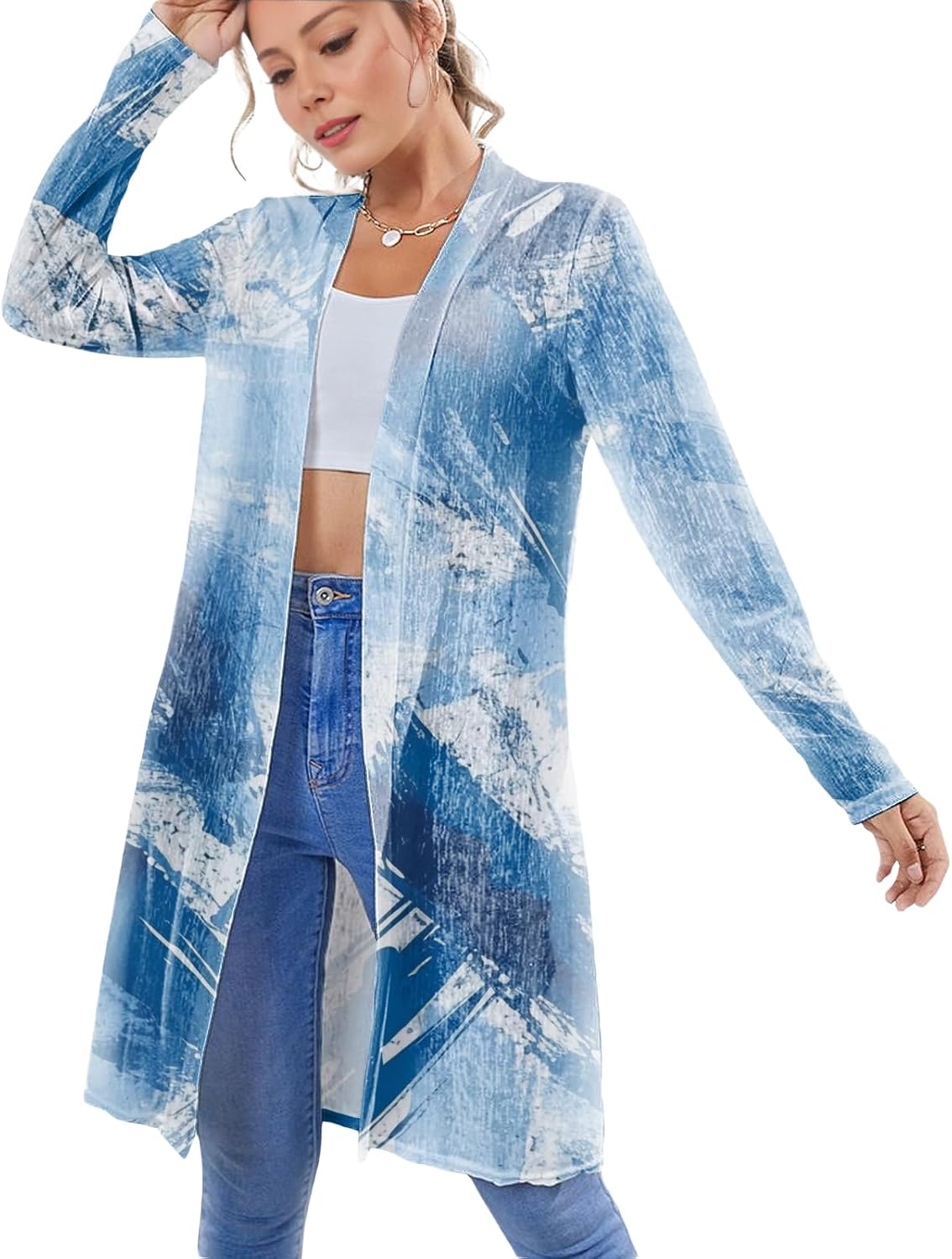 Womens Cardigan Outfits Long Sleeve Loose Casual Open Front Mid Length Graphic Print Summer Beach Flowy Tops