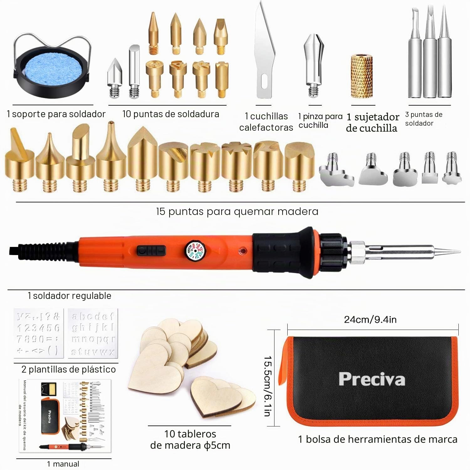45pcs Kit Pirograbador De Madera，Kit Pirograbadores EléCtrico De 60w Con Temperatura Regulable Entre 200°C Y 500°C.Para Madera, Cuero Y Grabados (1)