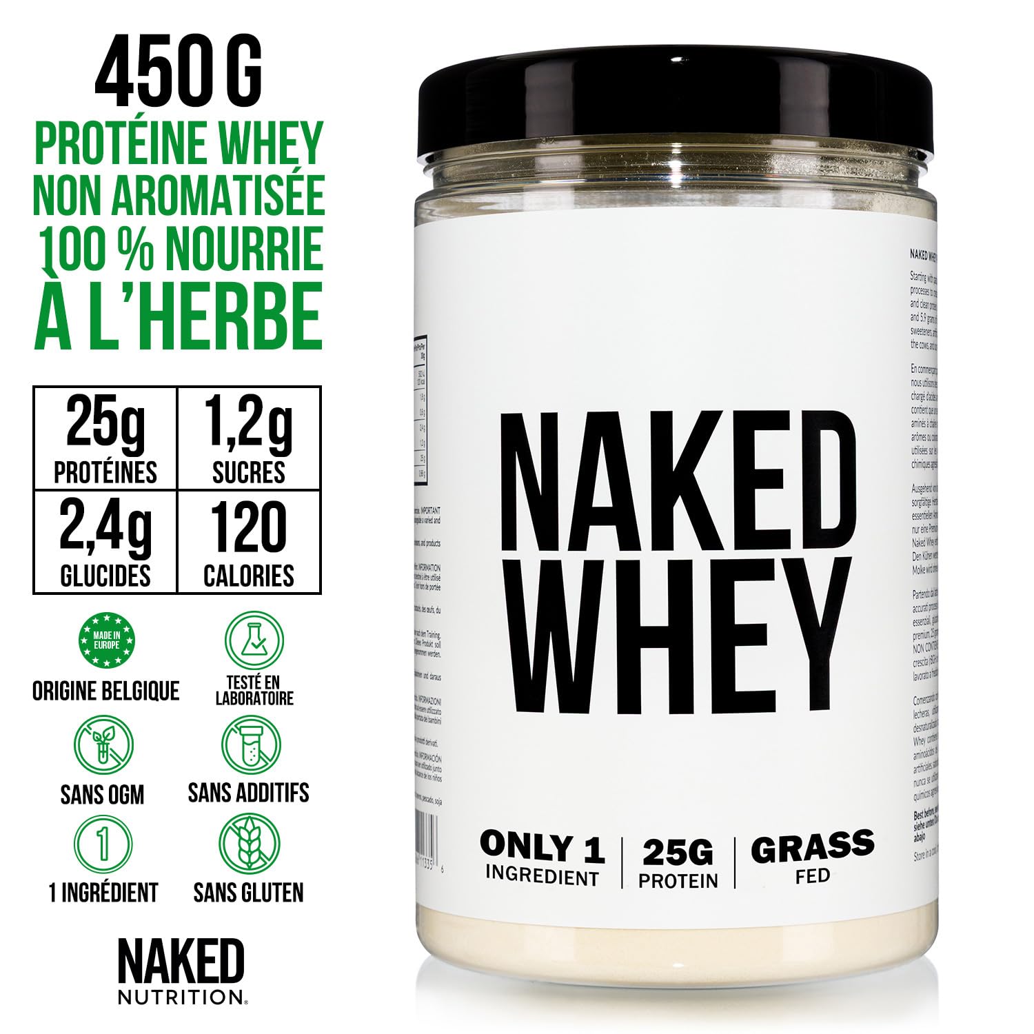 Naked Whey Protein, Seulement 1 ingrédient, Protéine en Poudre, Grass Fed, Sans Gluten, Sans Soja, Sans OGM, 25g de Protéine et 6g de BCAAs par mesure, Sans saveur, 12 Portions, 450g