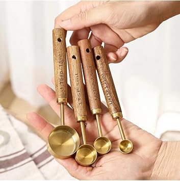 4 Parça Bambu Saplı Ölçü Kaşığı Seti, Gold Renk, Paslanmaz Çelik