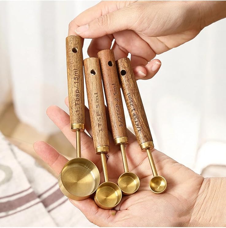 4 Parça Bambu Saplı Ölçü Kaşığı Seti, Gold Renk, Paslanmaz Çelik