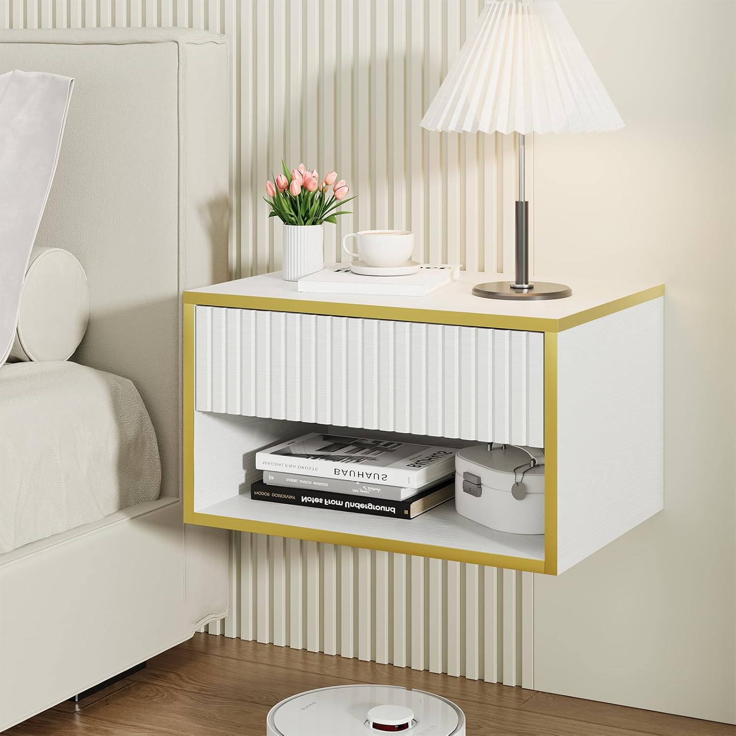 4ever2buy Floating Nightstand with Fluted Drawer, Modern Wall Mounted Nightstand with Open Shelf, White and Gold Night Stand for Bedroom, White