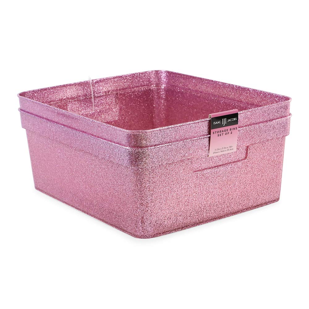 Isaac Jacobs Medium Glitter Storage Bin (14” x 11.5” x 5.5”) Set w/Cut-Out Handles, Plastic Organizer, Multi-Functional, Home Storage Solution, Kids