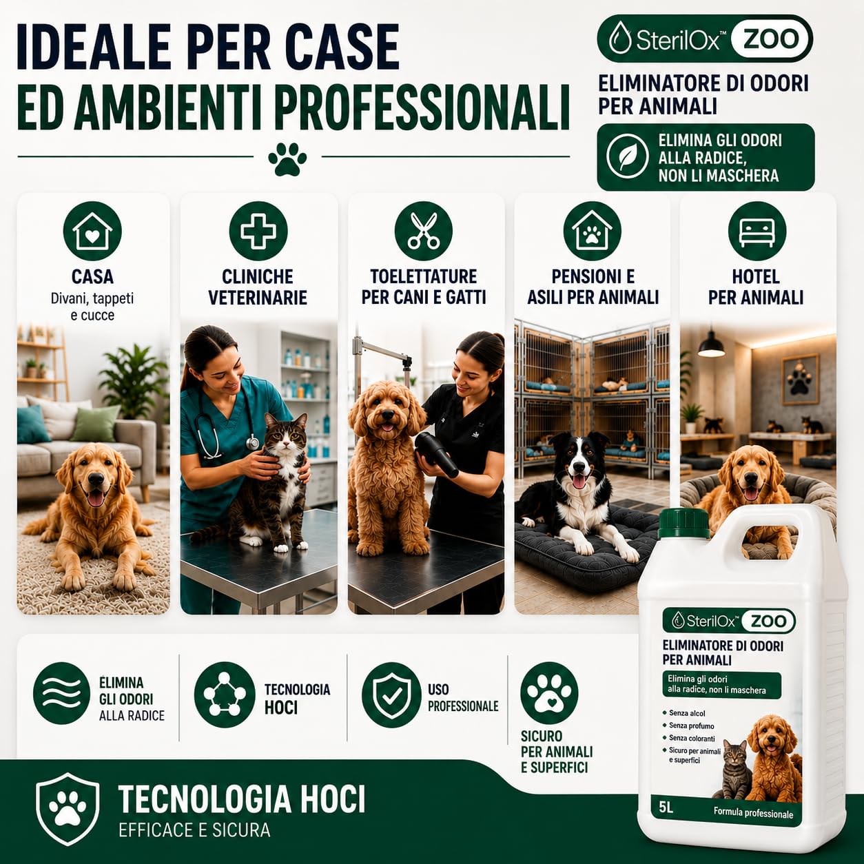 ZOO 1L – Eliminatore odori HOCl per cani, gatti e cucce | Neutralizza gli odori • HOCl • Per cani e gatti • Senza alcool