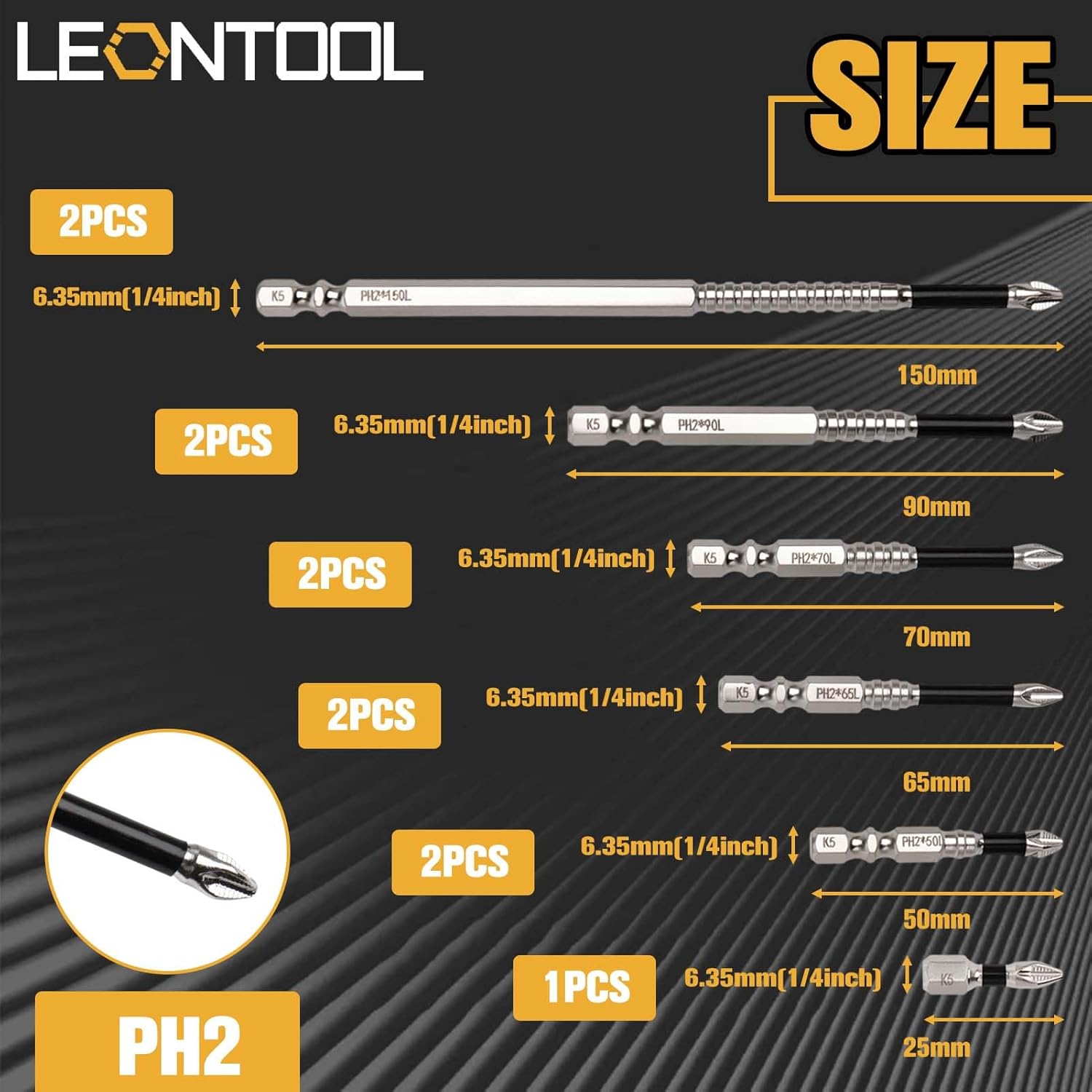 High-Magnetic Screwdriver Drill Bit Set K5 Impact Resistant Non Slip Bit Anti-Shock Magnetic Electric Screwdriver Sets with Magnetizer Demagnetizer Tool, 25 50 65 70 90 150mm(2 Set)