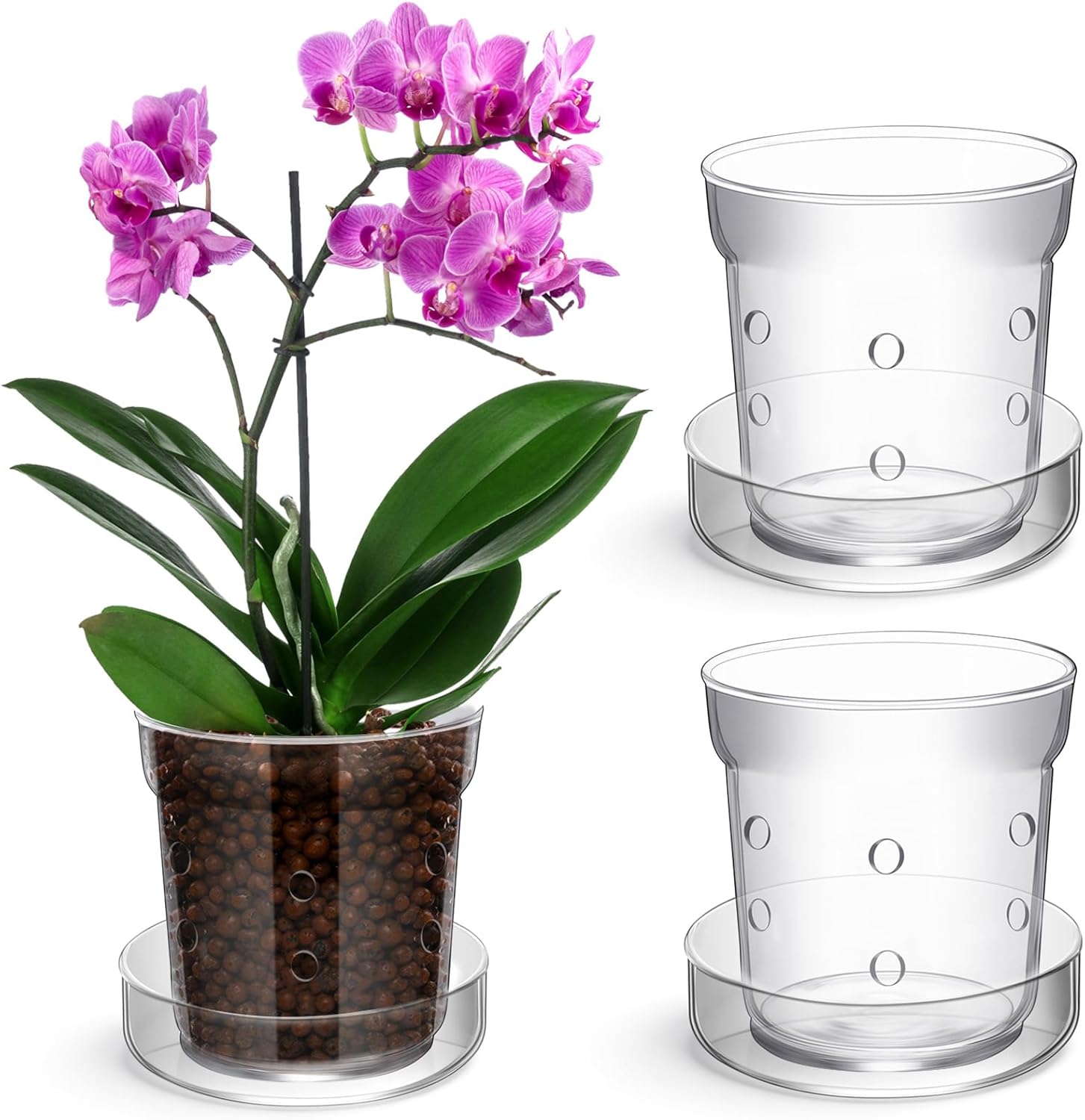 Baderke 2 Pcs Orchid Pot with Drainage Holes and Tray Transparent Glass Pot Planter for Orchids Flower Repotting Anti Slip Glass Plant Vase for Indoor Outdoor Home Decor (4 Inch)