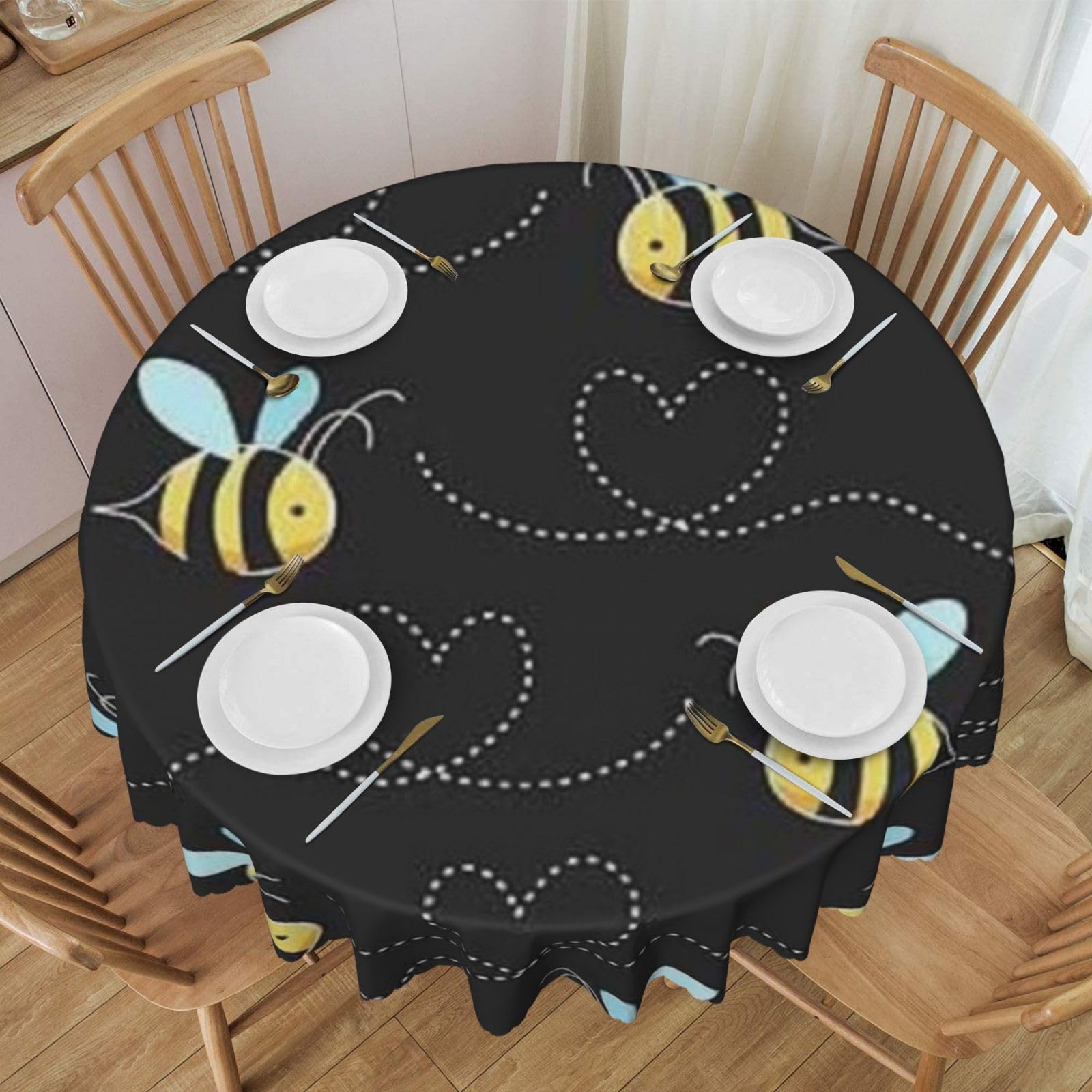 DCEHGEW 60 In Round Tablecloth with Lace, Cute Bees Printed Oilproof & Washable Fabric Picnic Table Cloth Table Covers
