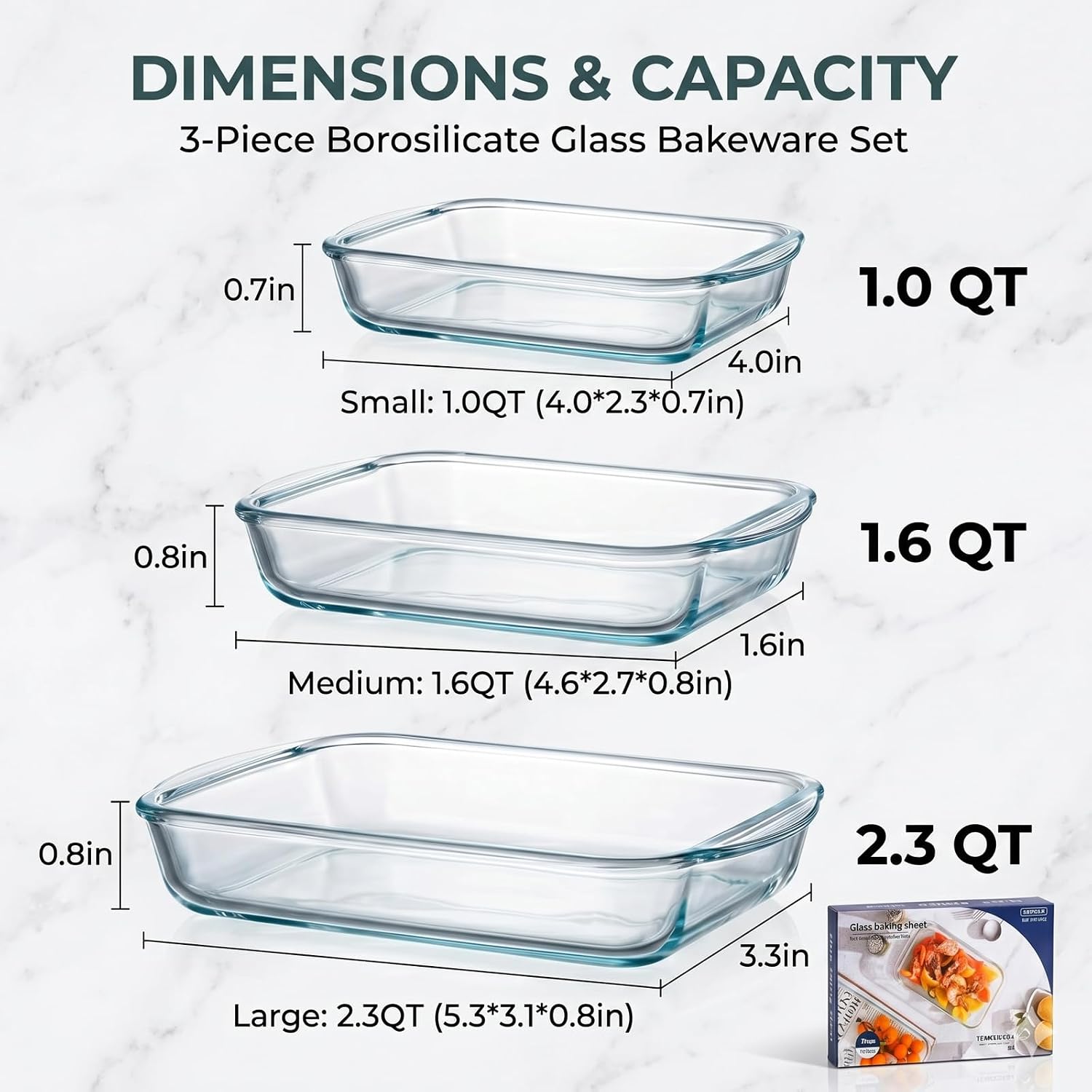 3-Piece Borosilicate Glass Baking Dish Set,Rectangular Glass Bakeware Set, Baking Pans for Cooking Lasagna Kitchen Baking Bakeware Set Oven Microwave Refrigerator Dishwasher Safe