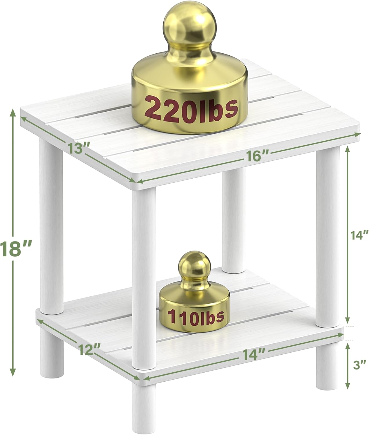outdoor side table, 2-tier small outdoor table for patio, adirondack side tables for outside or indoor, bamboo end table for pool, porch, weather resistant easy maintenance white square table