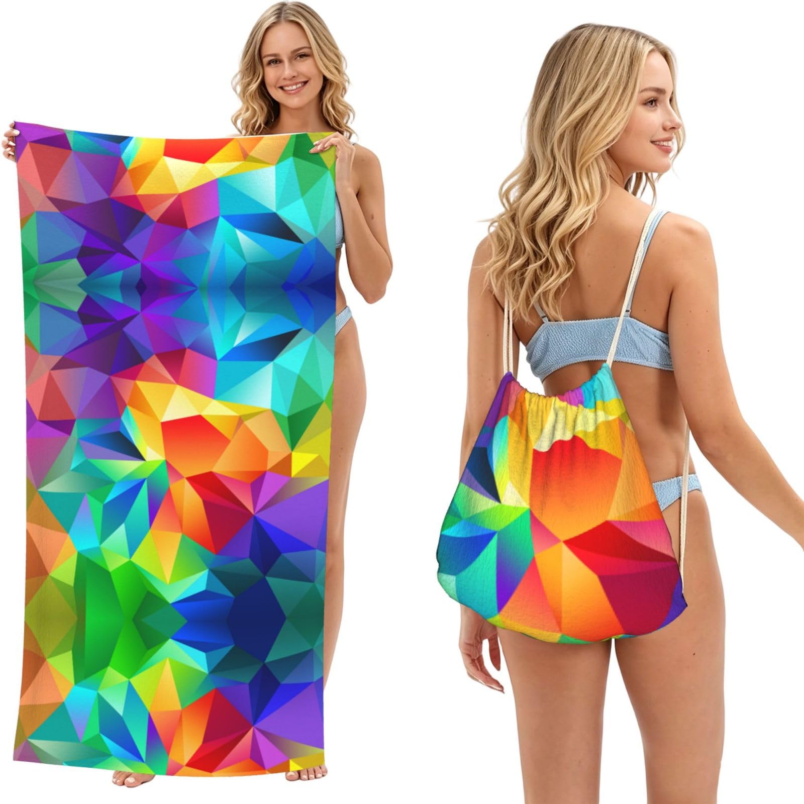SATUSA Rainbow Geometric Print 2-In-1 Foldable Beach Towel Backpack â€“ Camping, Yoga And Travel,Bath Towel With Built-In Storage, Convertible Beach Mat & Carry Bag
