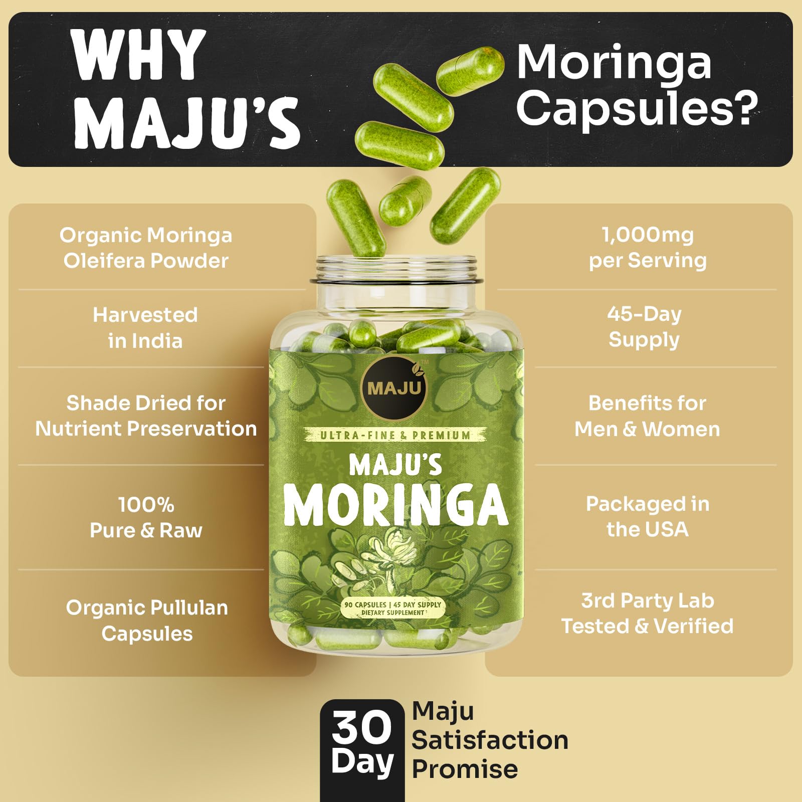 Maju Superfoods Organic Moringa Capsules, Oleifera Leaf, Extra-Fine Quality Moringa Leaves, Dried Drumstick Tree Leaves, Organic Moringa Powder Extract Supplement Capsules from Plant (90 ct) — Amazon image 6
